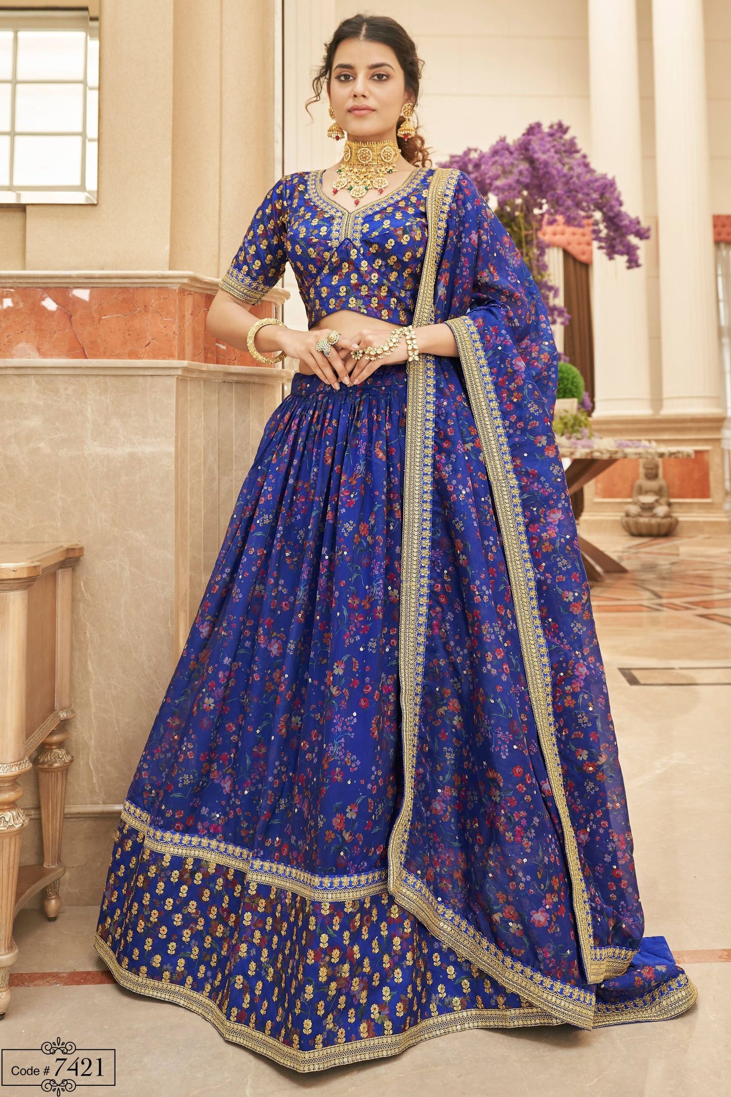 Blue Art Silk Lehenga Choli For Indian & Pakistani Wedding Festival - Sequins & Thread Embroidery Work, Dori Work, Zari Work