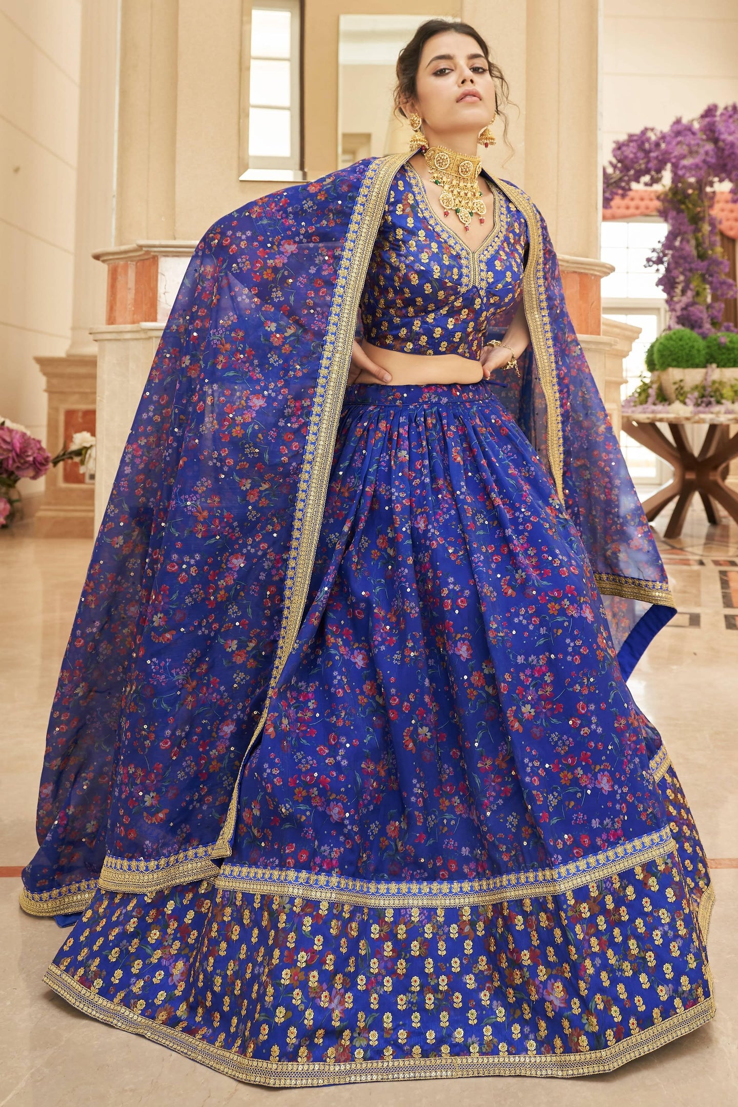 Blue Art Silk Lehenga Choli For Indian & Pakistani Wedding Festival - Sequins & Thread Embroidery Work, Dori Work, Zari Work