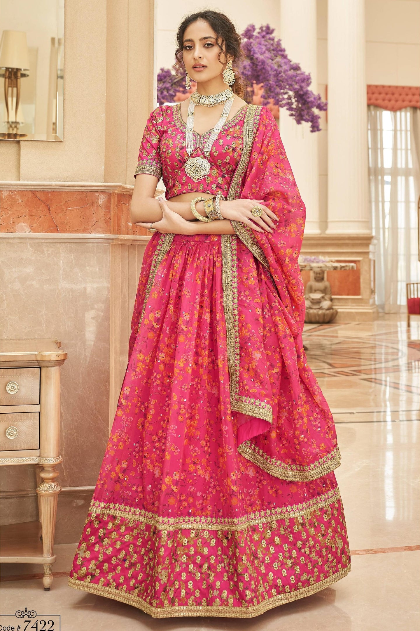 Pink Art Silk Lehenga Choli For Indian & Pakistani Wedding Festival - Sequins & Thread Embroidery Work, Dori Work, Zari Work