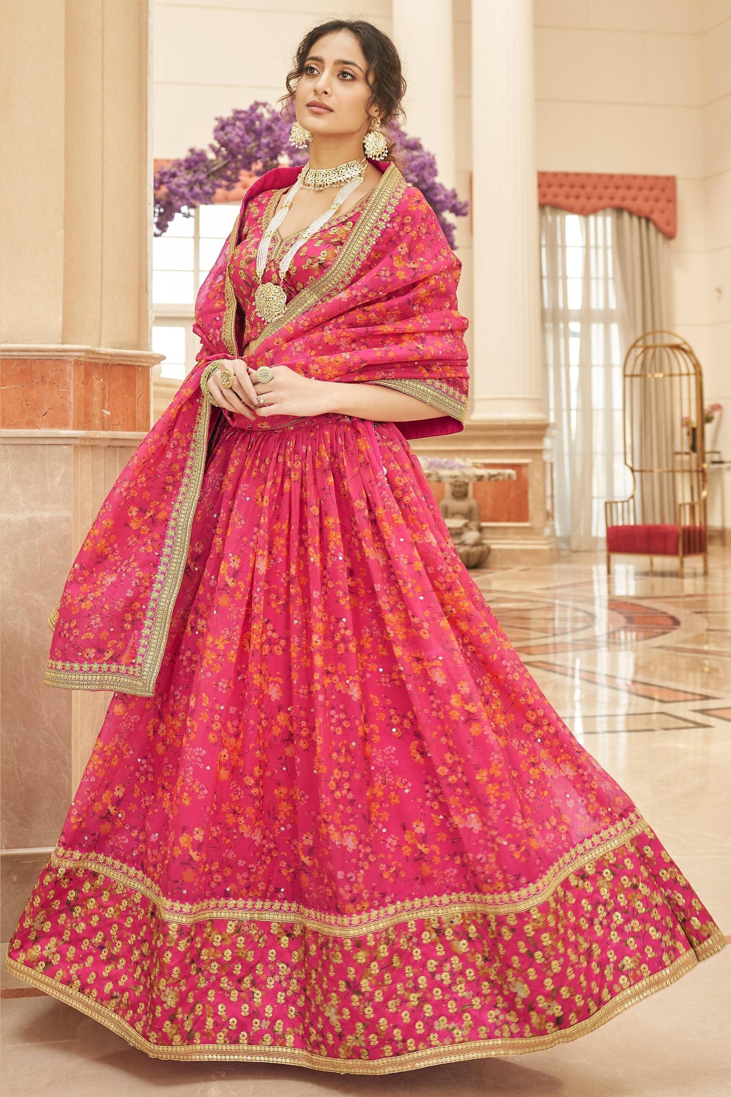 Pink Art Silk Lehenga Choli For Indian & Pakistani Wedding Festival - Sequins & Thread Embroidery Work, Dori Work, Zari Work