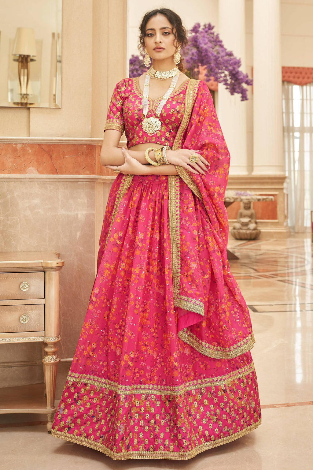 Pink Art Silk Lehenga Choli For Indian & Pakistani Wedding Festival - Sequins & Thread Embroidery Work, Dori Work, Zari Work