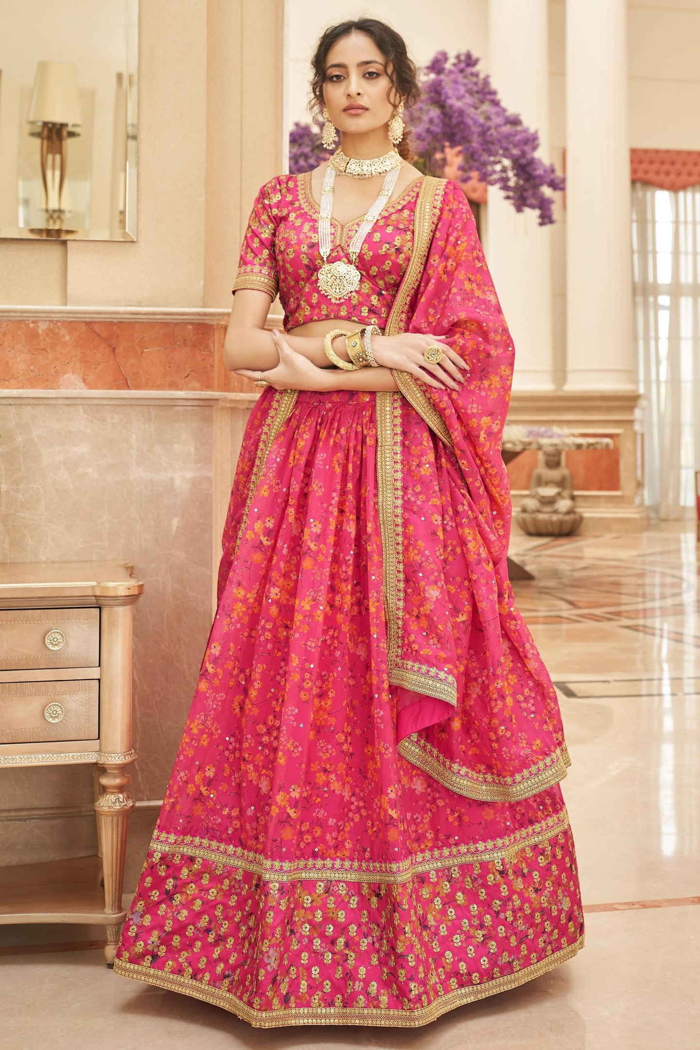 Pink Art Silk Lehenga Choli For Indian & Pakistani Wedding Festival - Sequins & Thread Embroidery Work, Dori Work, Zari Work