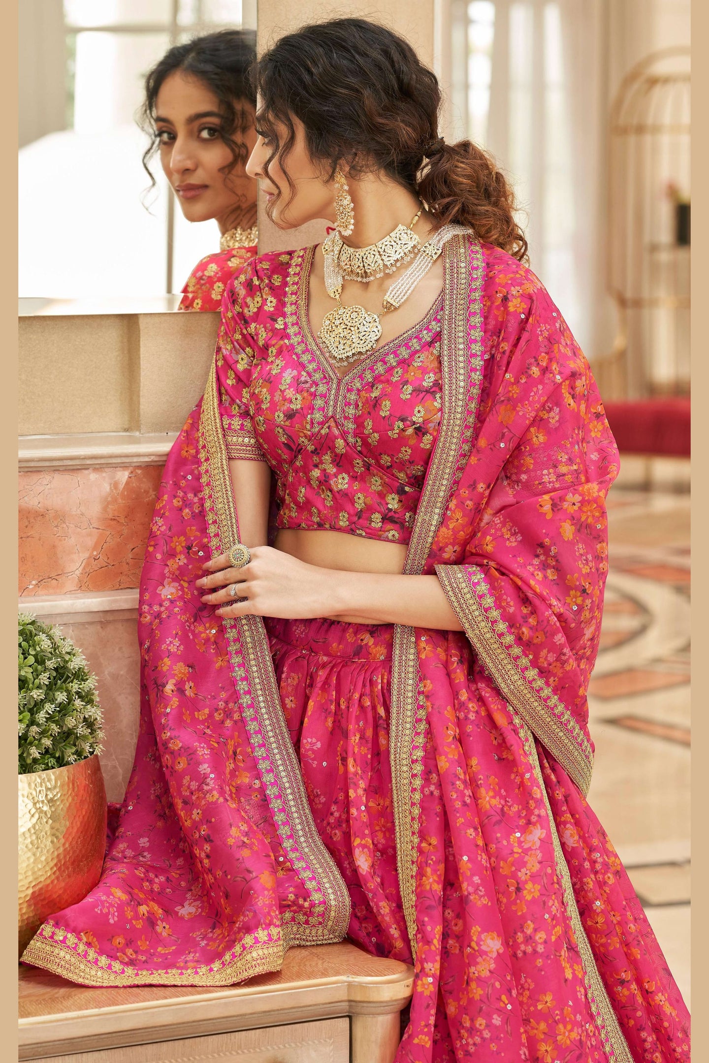 Pink Art Silk Lehenga Choli For Indian & Pakistani Wedding Festival - Sequins & Thread Embroidery Work, Dori Work, Zari Work
