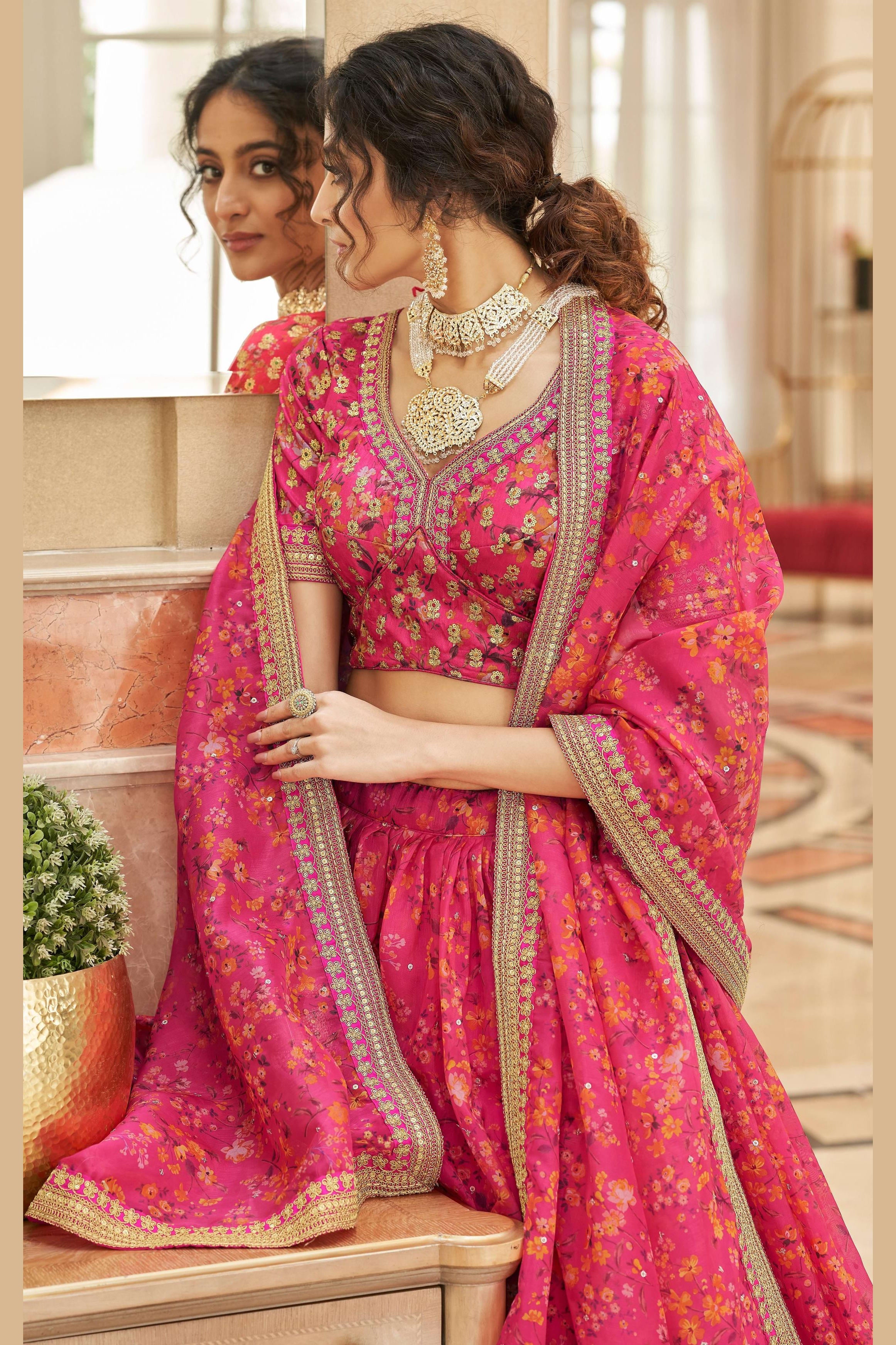 Pink Art Silk Lehenga Choli For Indian & Pakistani Wedding Festival - Sequins & Thread Embroidery Work, Dori Work, Zari Work