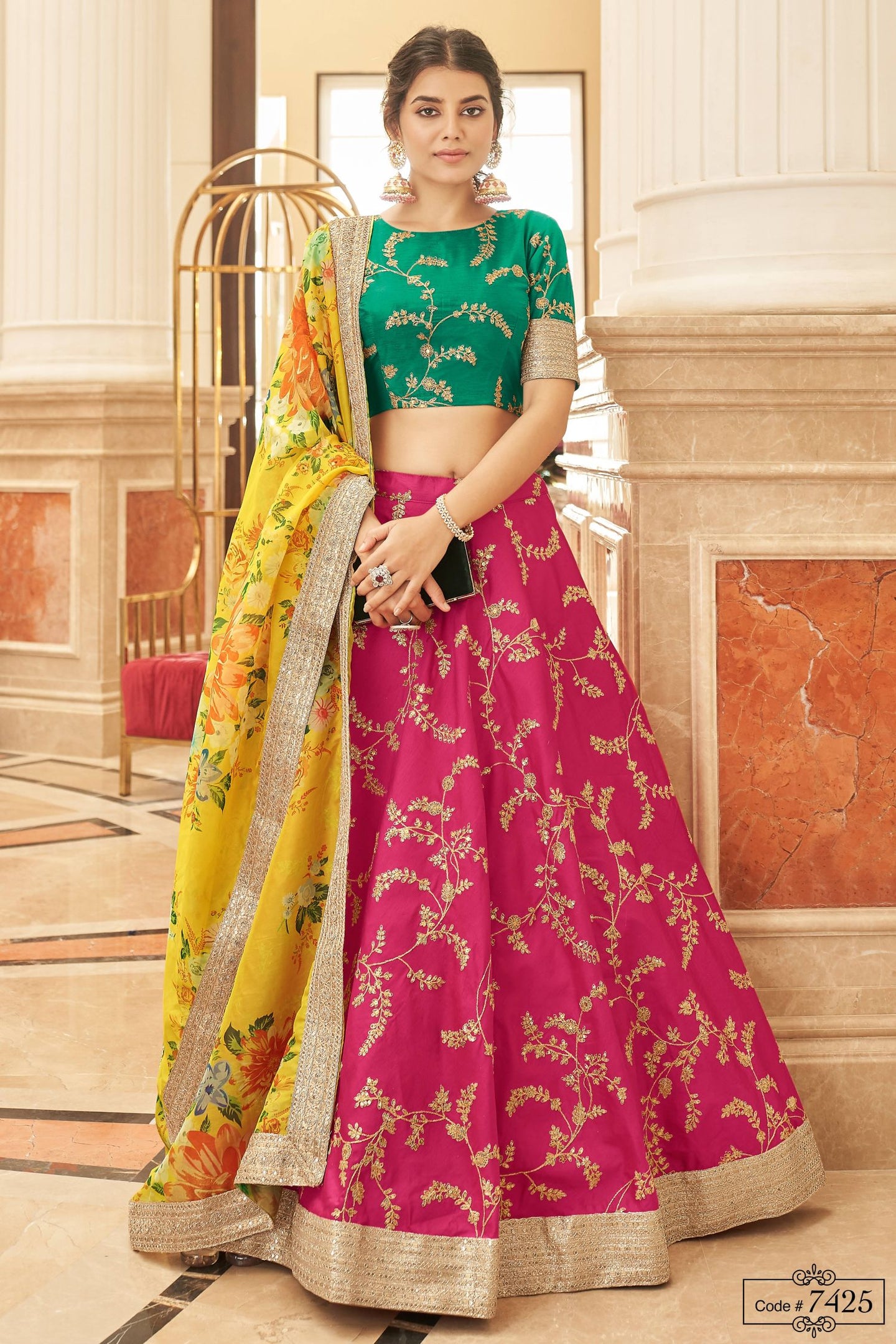 Pink Art Silk Lehenga Choli For Indian & Pakistani Wedding Festival - Sequins & Thread Embroidery Work, Dori Work, Zari Work