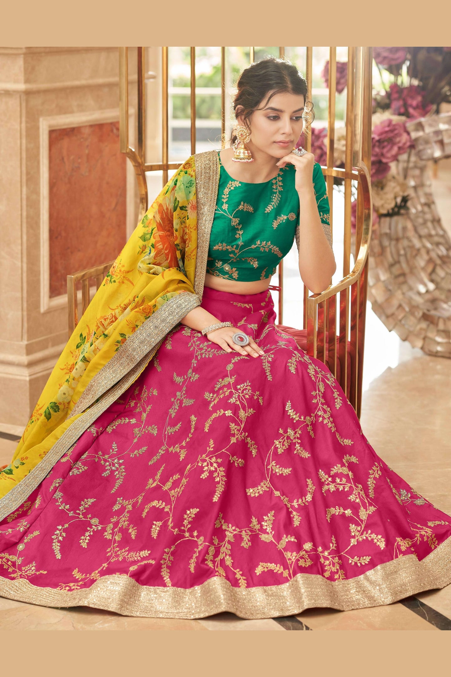 Pink Art Silk Lehenga Choli For Indian & Pakistani Wedding Festival - Sequins & Thread Embroidery Work, Dori Work, Zari Work