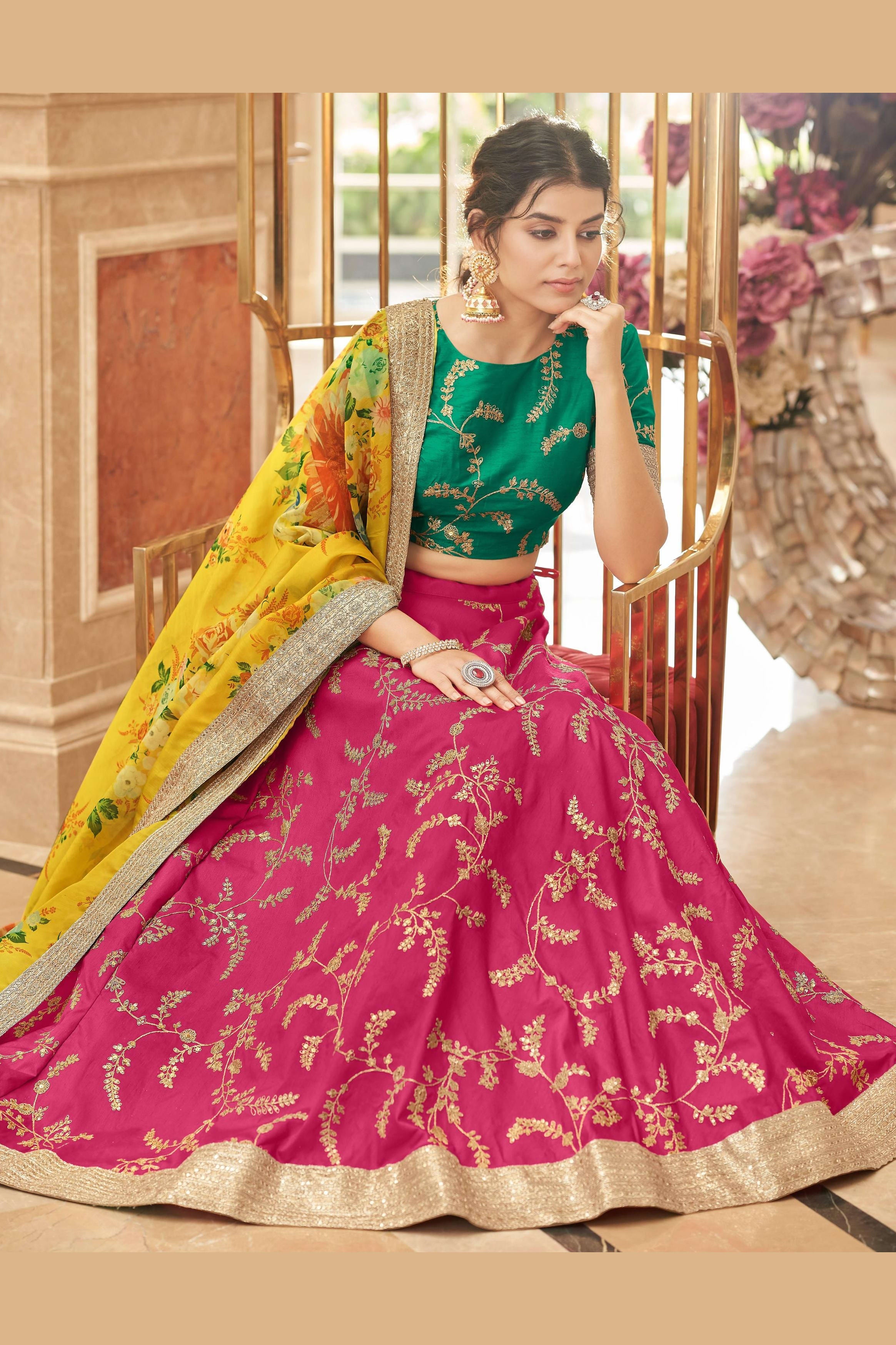 Pink Art Silk Lehenga Choli For Indian & Pakistani Wedding Festival - Sequins & Thread Embroidery Work, Dori Work, Zari Work