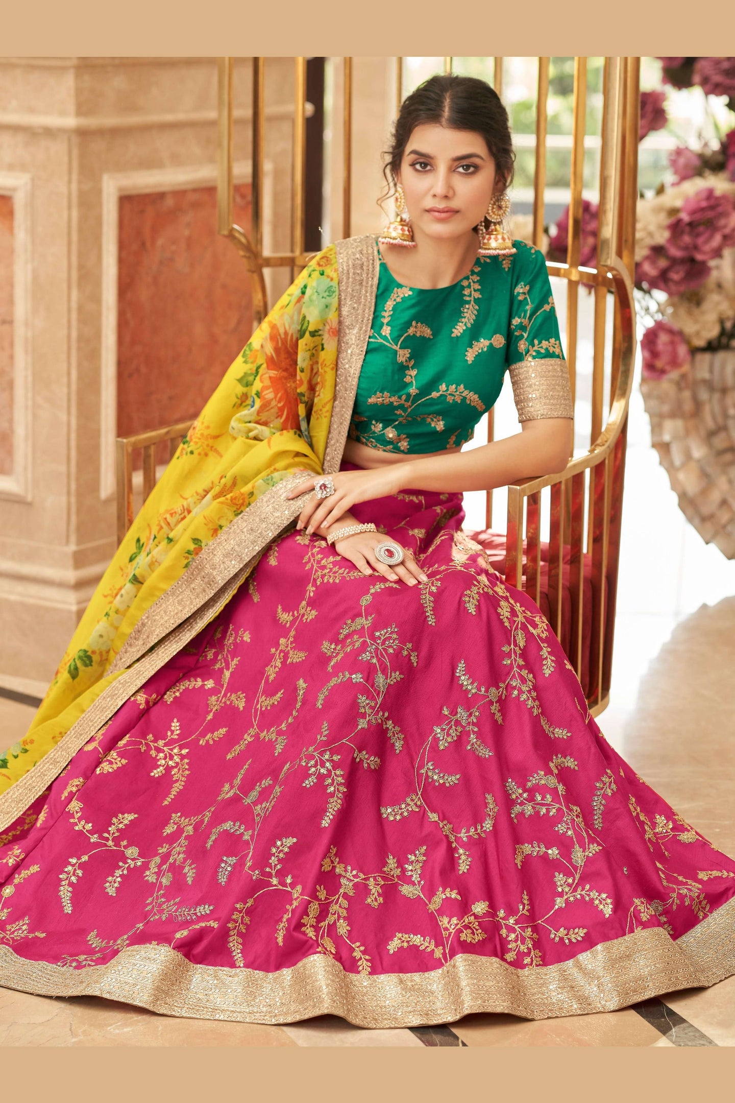 Pink Art Silk Lehenga Choli For Indian & Pakistani Wedding Festival - Sequins & Thread Embroidery Work, Dori Work, Zari Work
