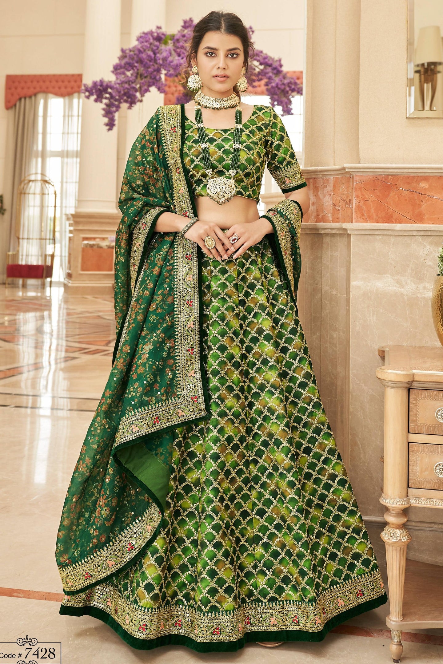 Green Art Silk Lehenga Choli For Indian & Pakistani Wedding Festival - Sequins & Thread Embroidery Work, Dori Work, Zari Work