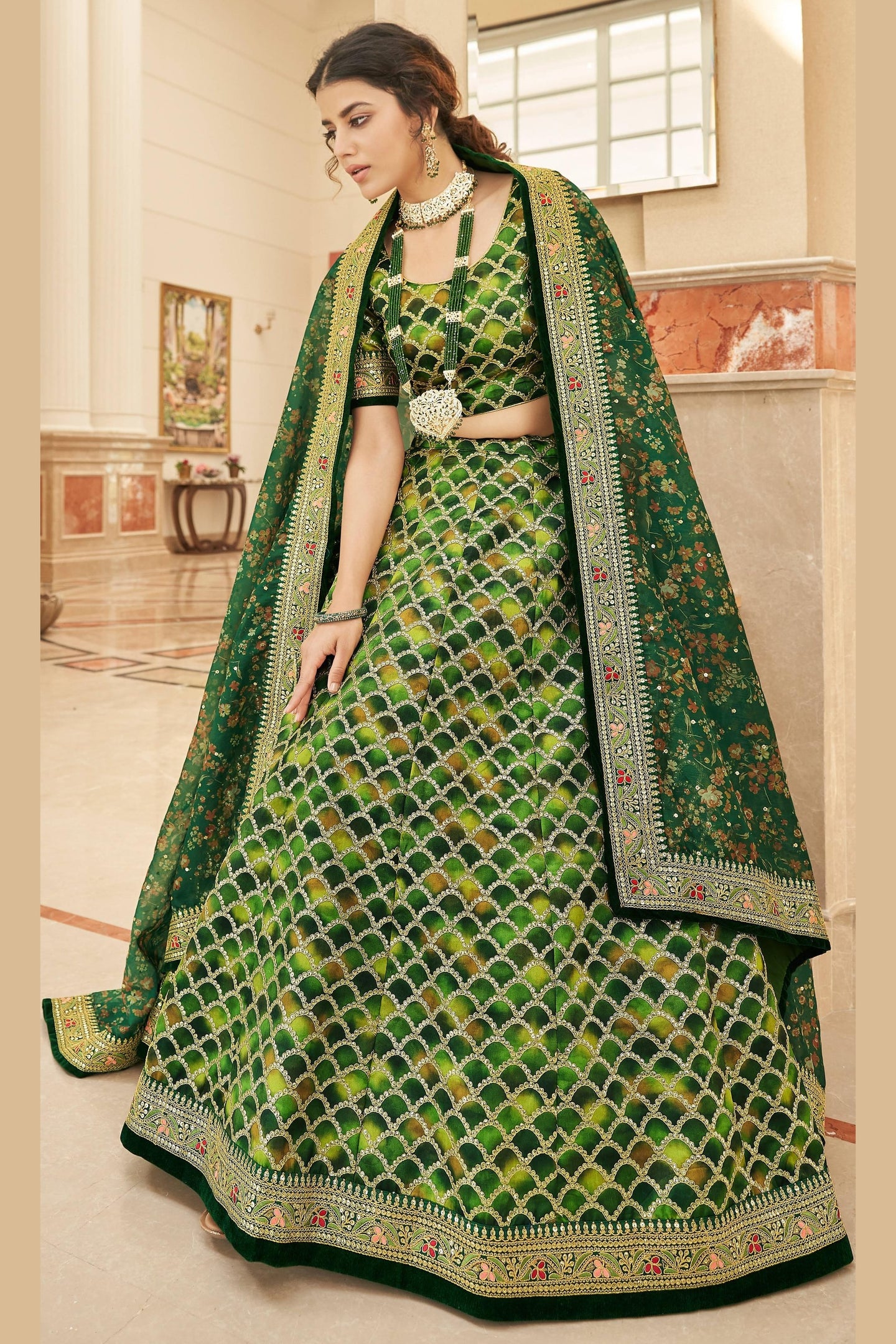 Green Art Silk Lehenga Choli For Indian & Pakistani Wedding Festival - Sequins & Thread Embroidery Work, Dori Work, Zari Work