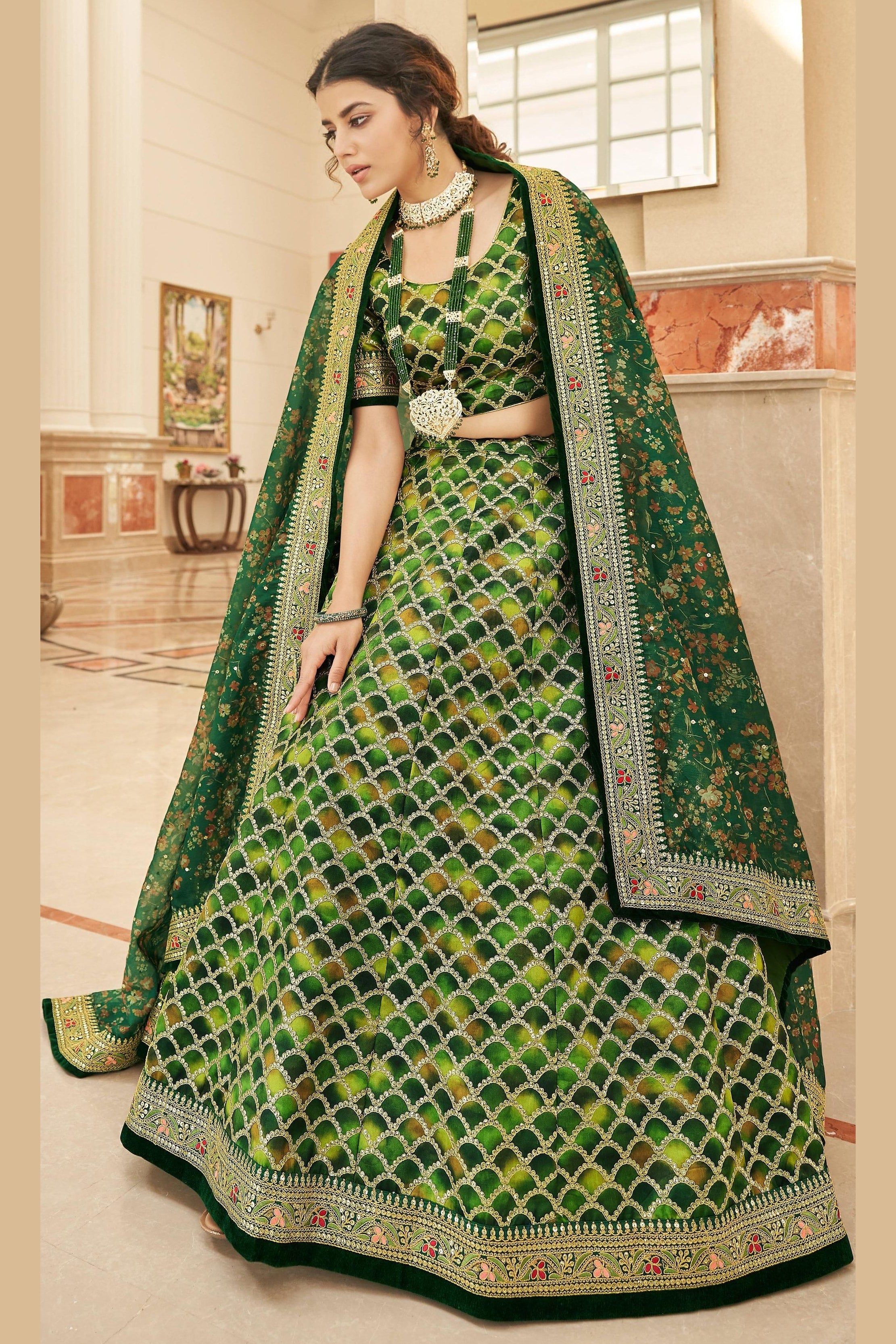 Green Art Silk Lehenga Choli For Indian & Pakistani Wedding Festival - Sequins & Thread Embroidery Work, Dori Work, Zari Work