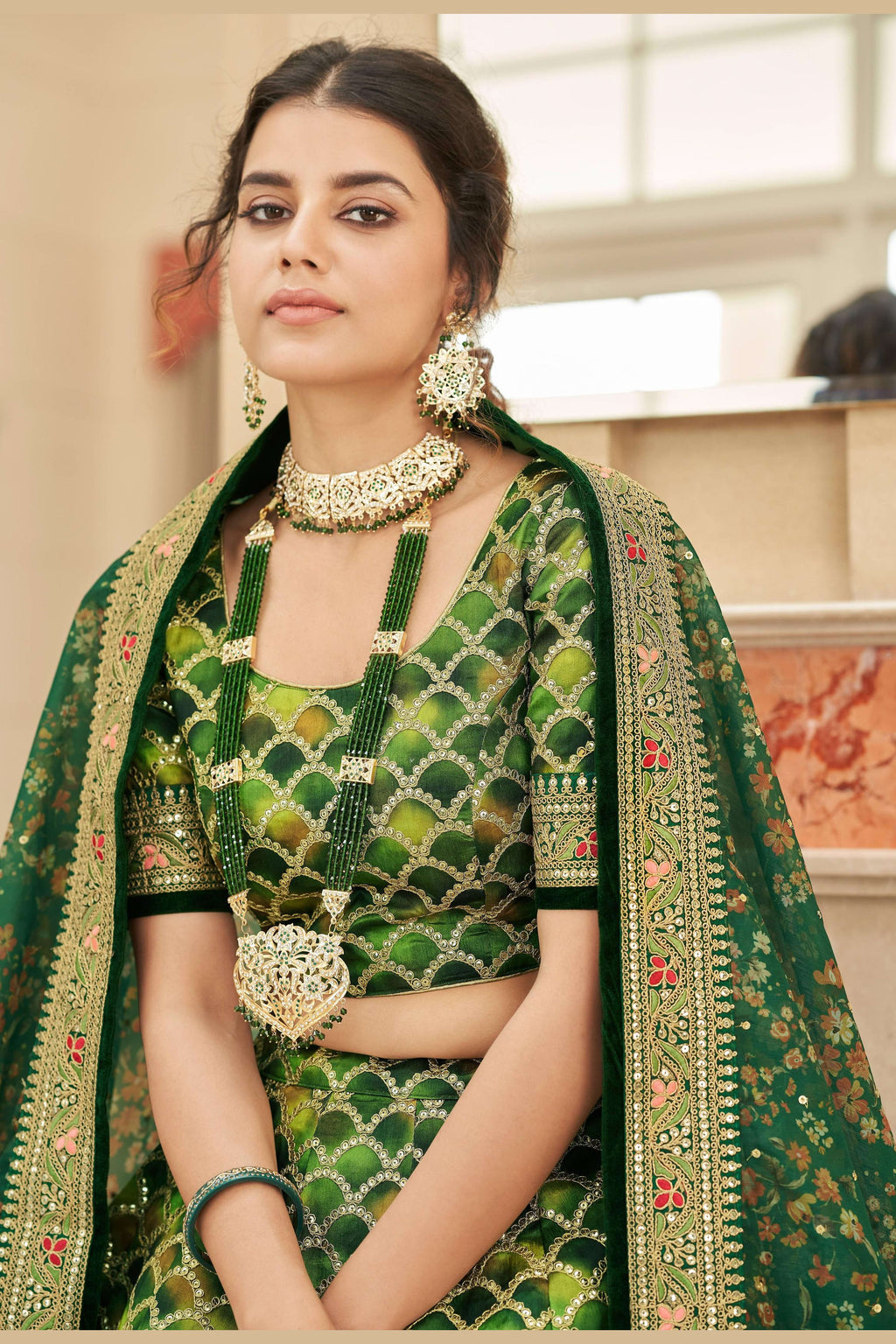 Green Art Silk Lehenga Choli For Indian & Pakistani Wedding Festival - Sequins & Thread Embroidery Work, Dori Work, Zari Work
