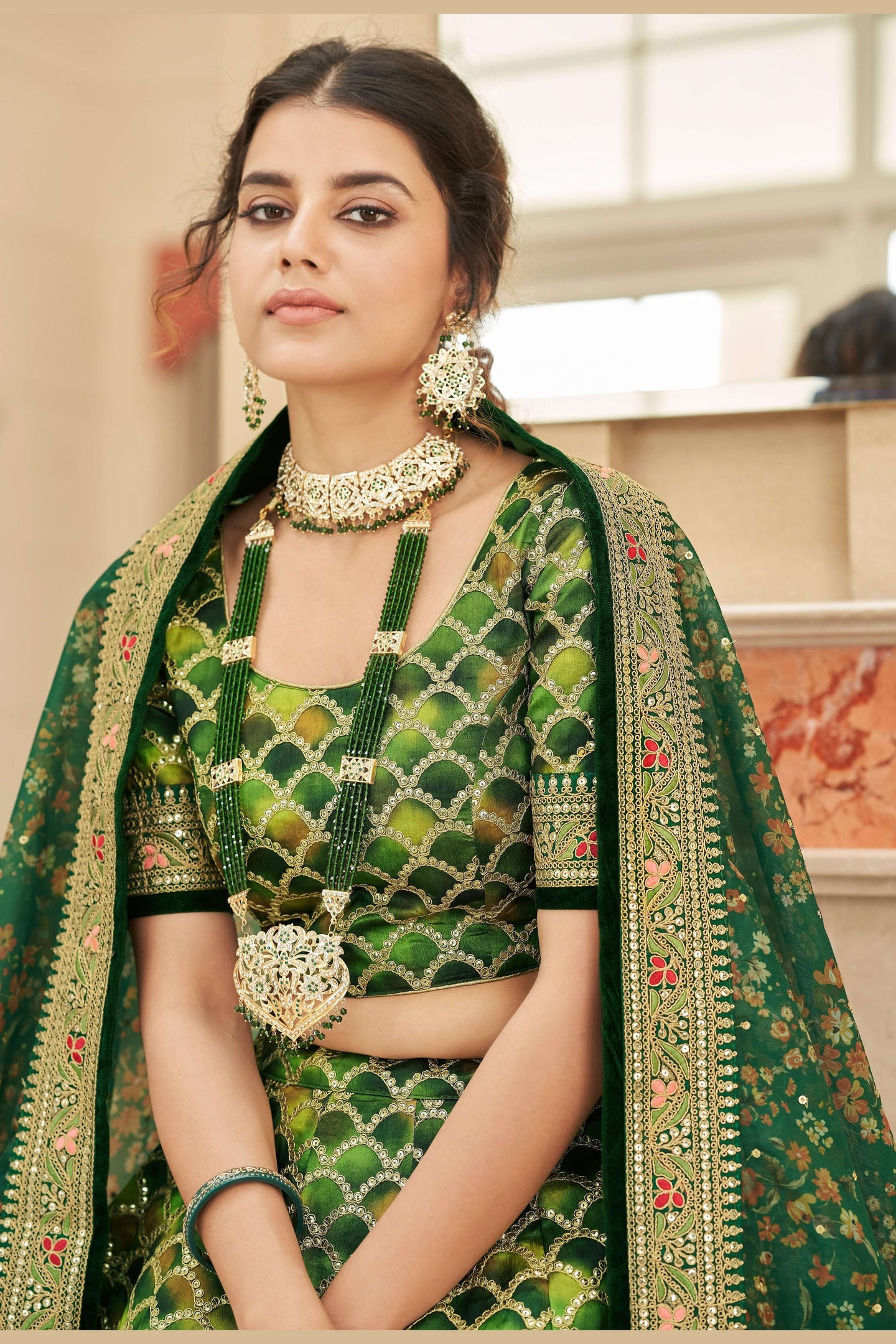 Green Art Silk Lehenga Choli For Indian & Pakistani Wedding Festival - Sequins & Thread Embroidery Work, Dori Work, Zari Work
