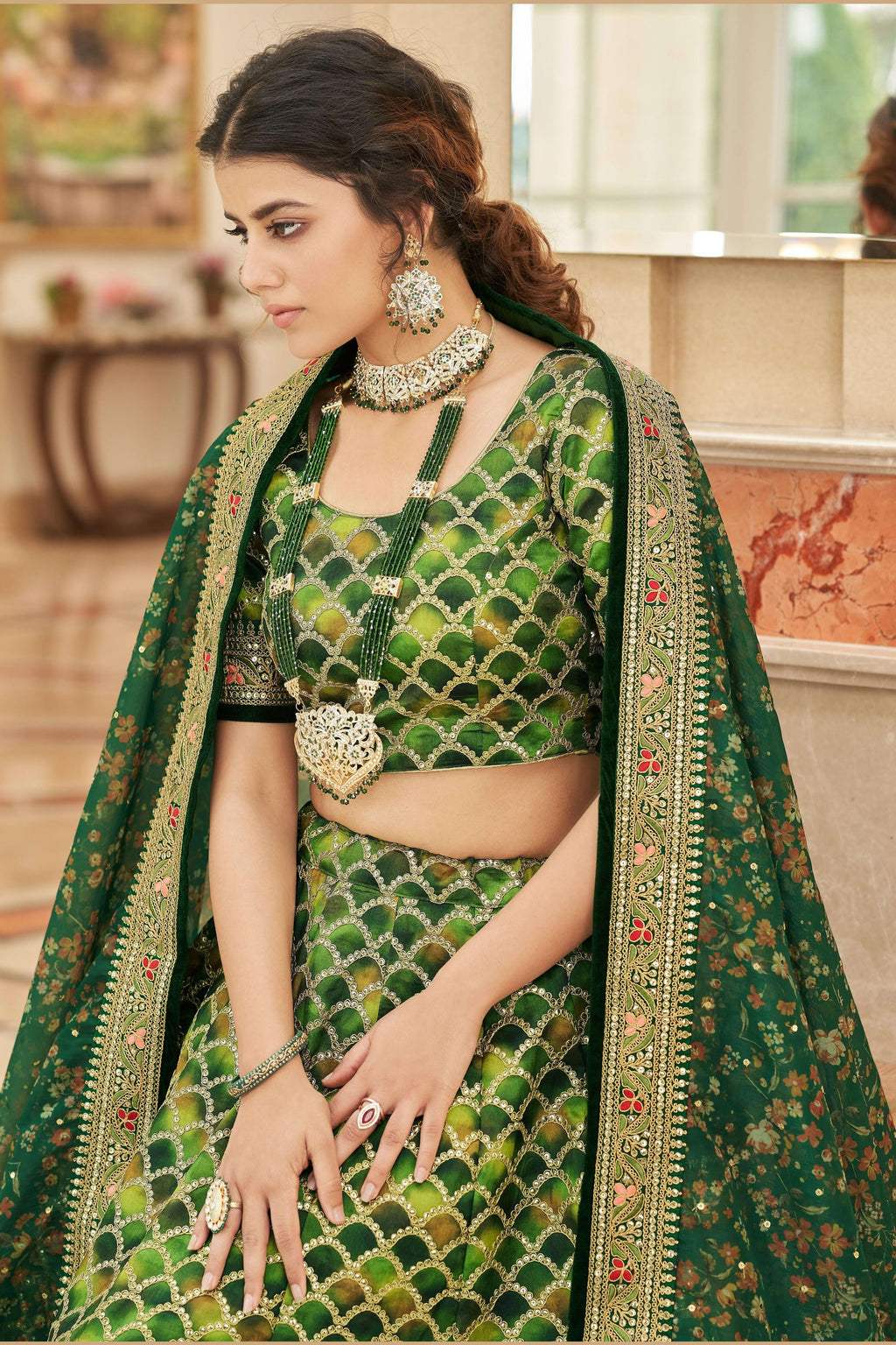 Green Art Silk Lehenga Choli For Indian & Pakistani Wedding Festival - Sequins & Thread Embroidery Work, Dori Work, Zari Work