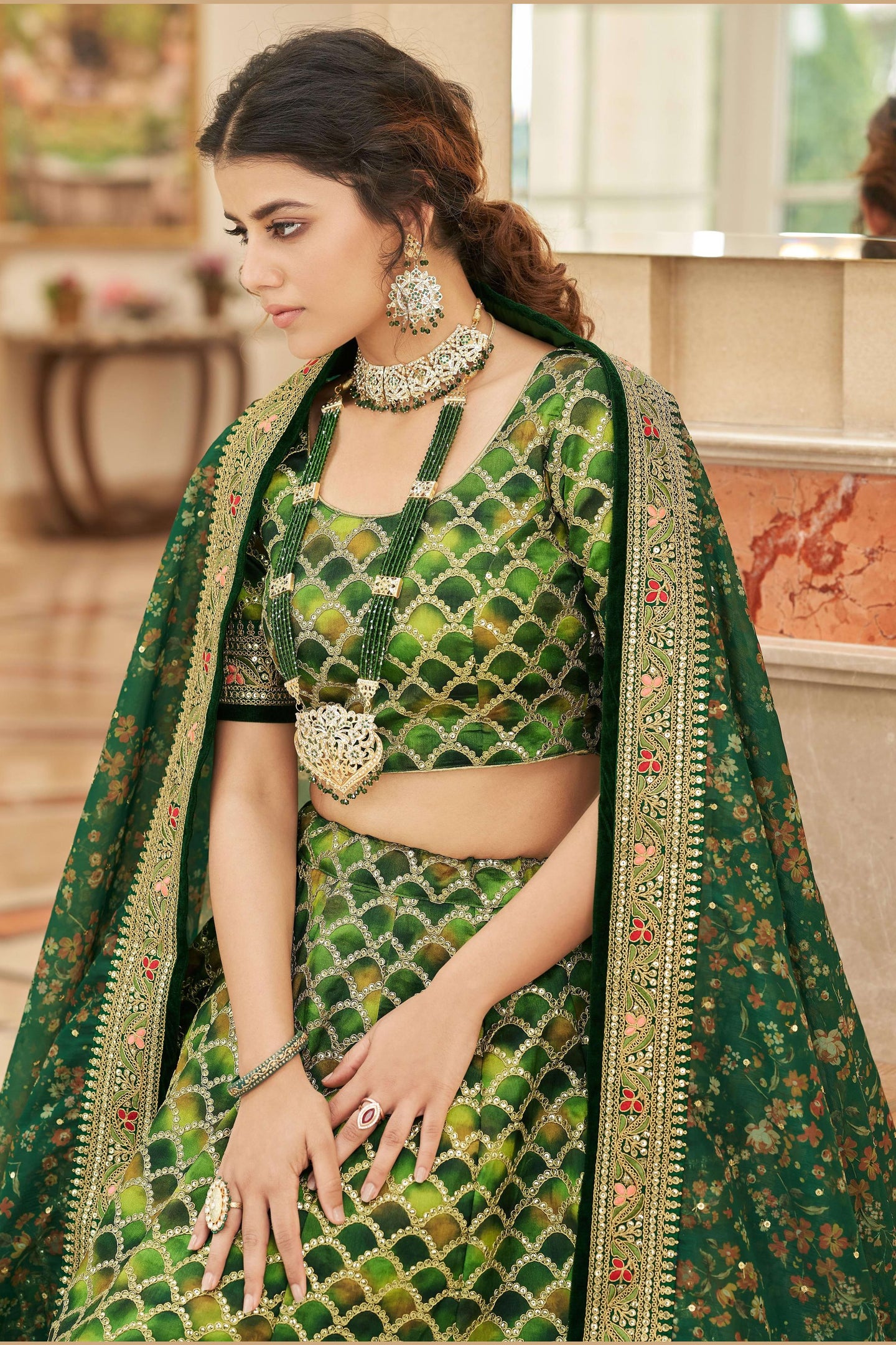 Green Art Silk Lehenga Choli For Indian & Pakistani Wedding Festival - Sequins & Thread Embroidery Work, Dori Work, Zari Work