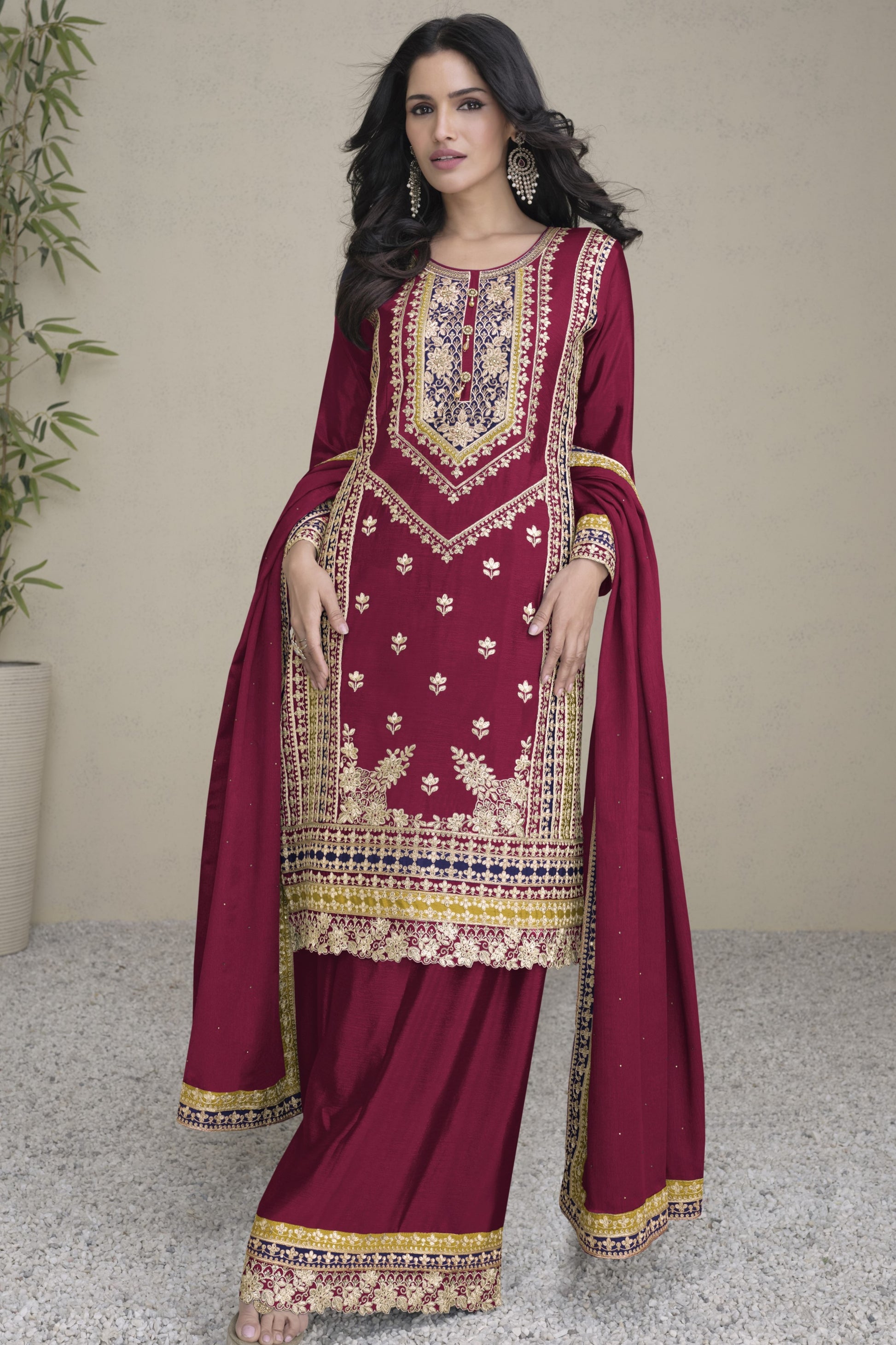 Maroon Chinon Silk Palazzo Suit For Indian Weddings & Pakitani Festival - Embroidery Work