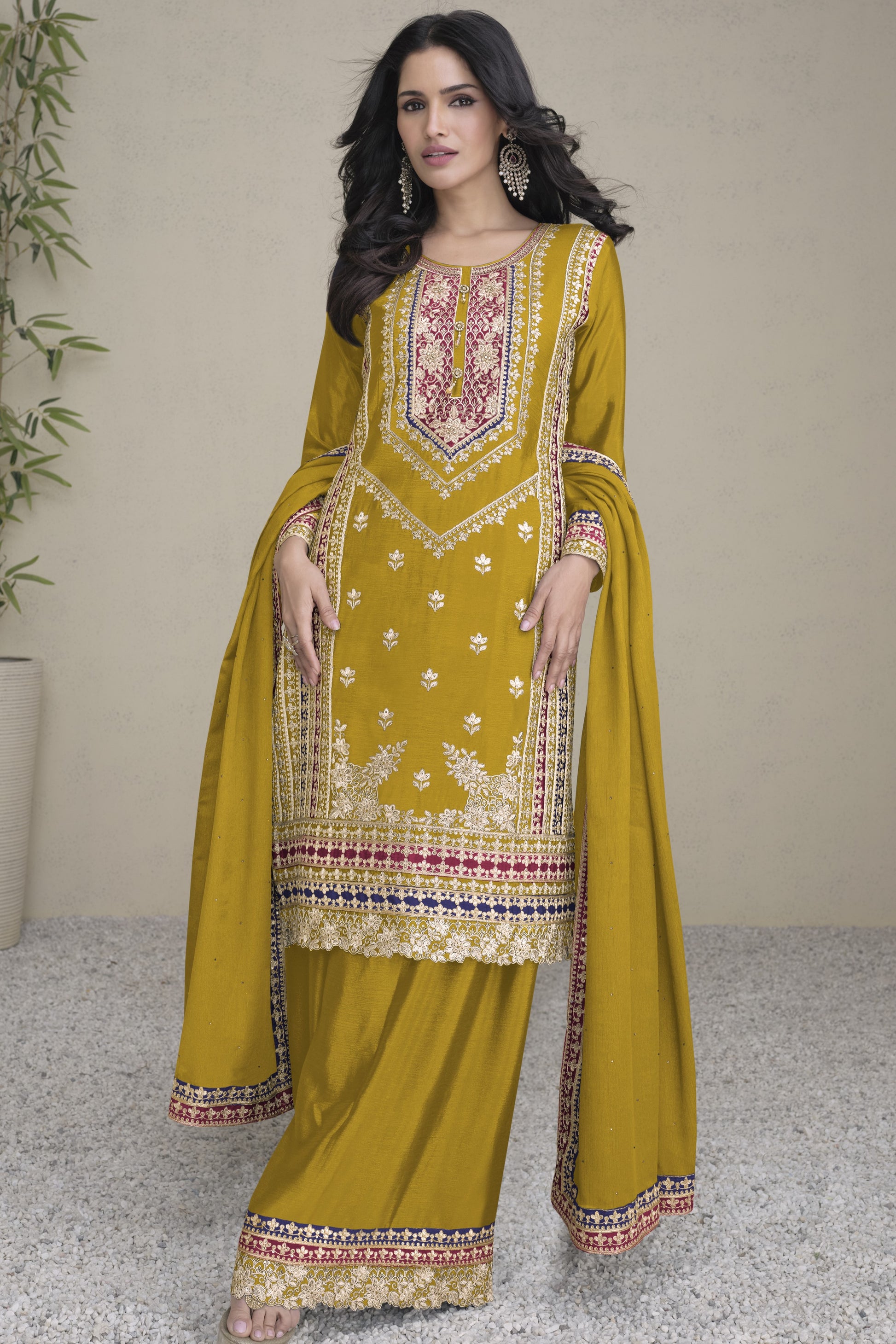 Mustard Chinon Silk Palazzo Suit For Indian Weddings & Pakitani Festival - Embroidery Work