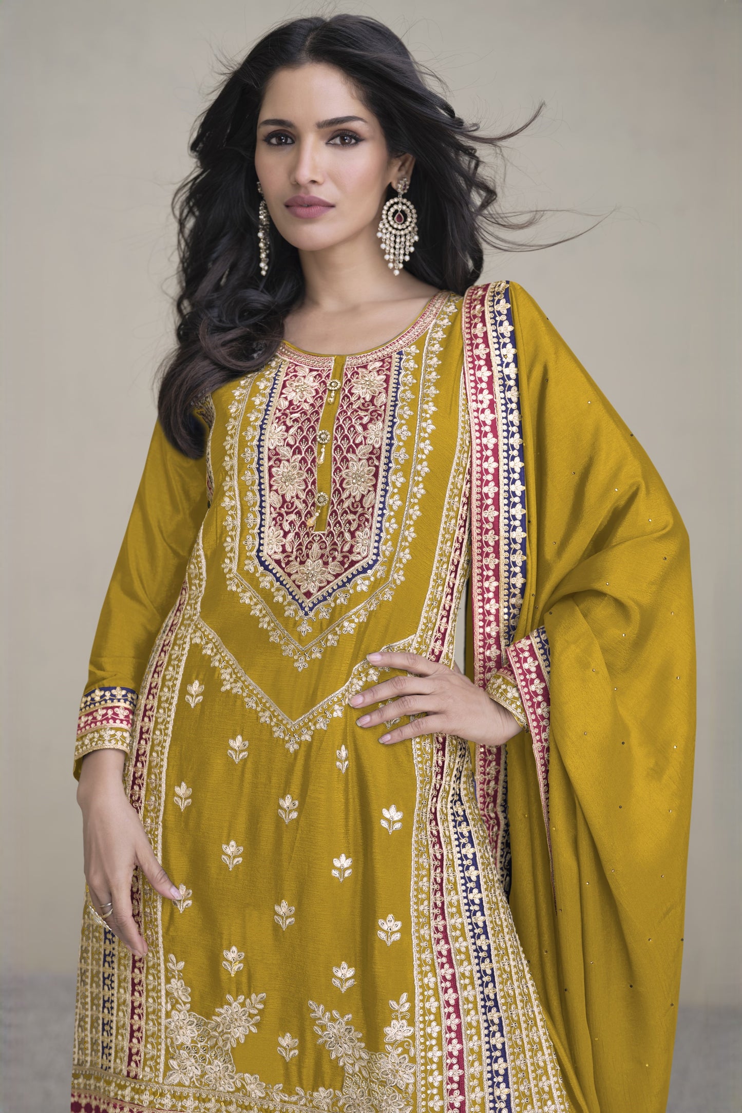 Mustard Chinon Silk Palazzo Suit For Indian Weddings & Pakitani Festival - Embroidery Work