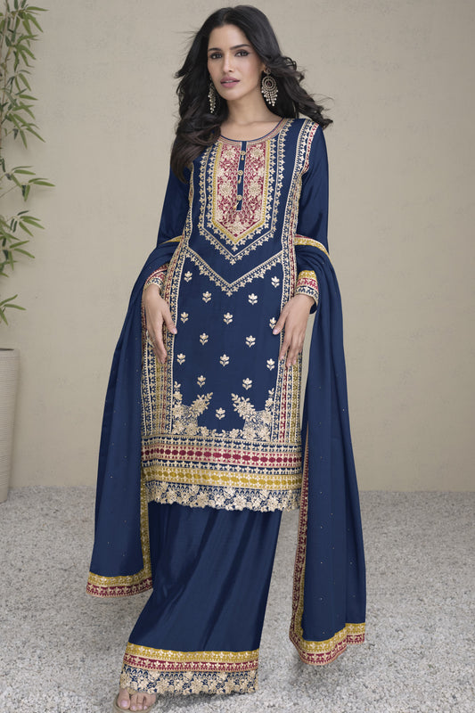 Blue Chinon Silk Palazzo Suit For Indian Weddings & Pakitani Festival - Embroidery Work