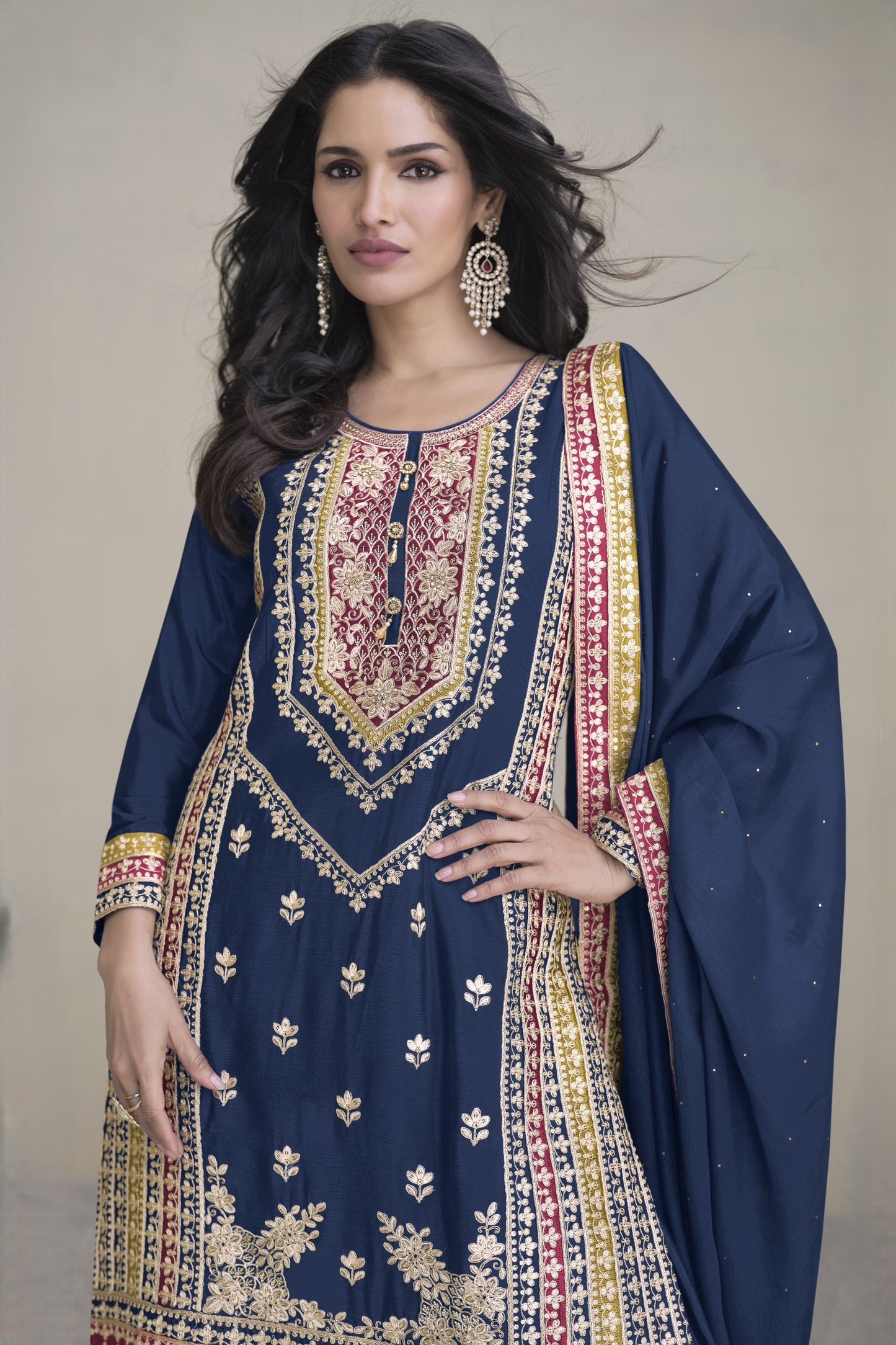 Blue Chinon Silk Palazzo Suit For Indian Weddings & Pakitani Festival - Embroidery Work