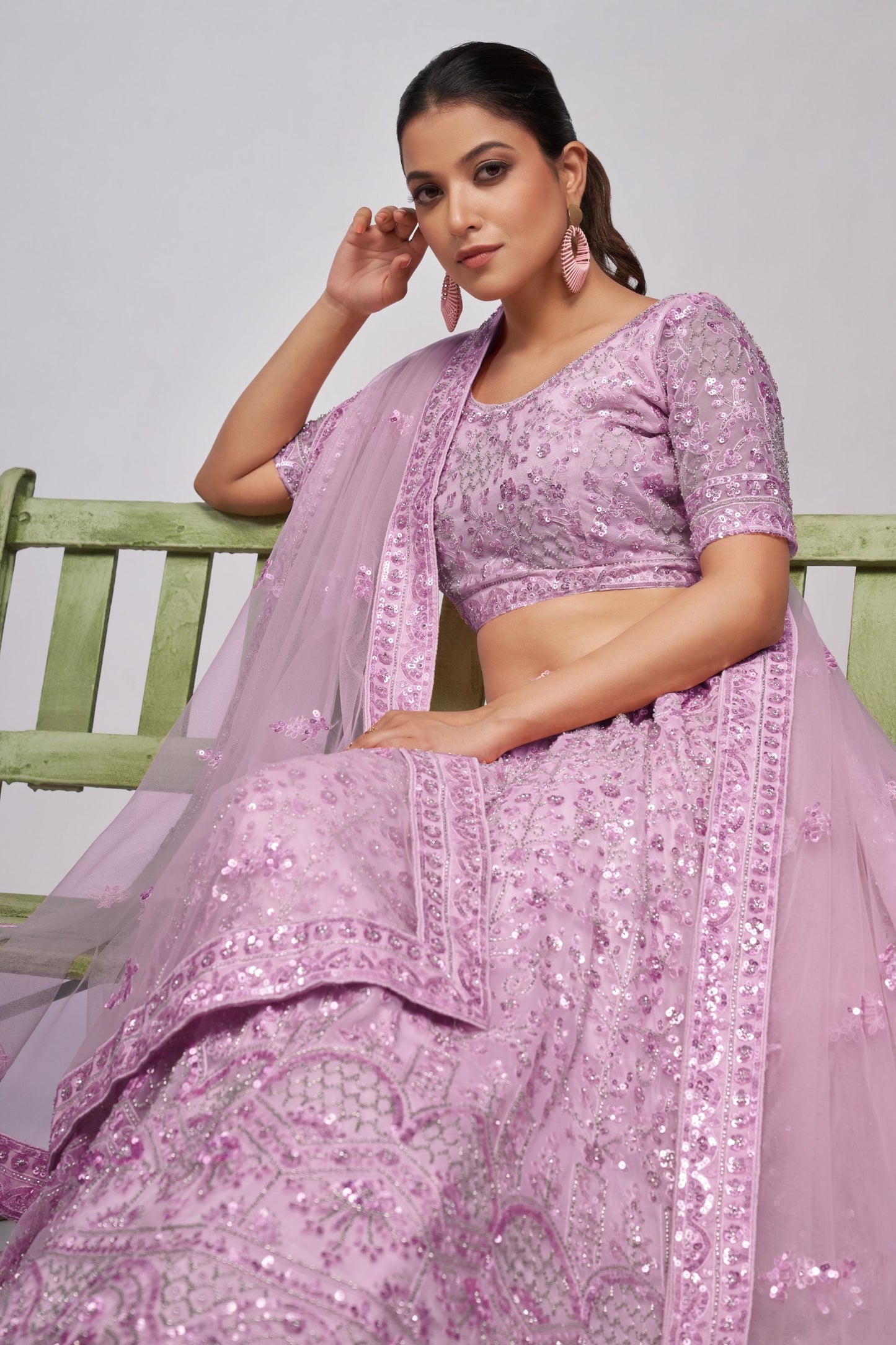 Purple Soft Net Lehenga Choli For Indian Festivals & Weddings - Sequins Work, Bead Work