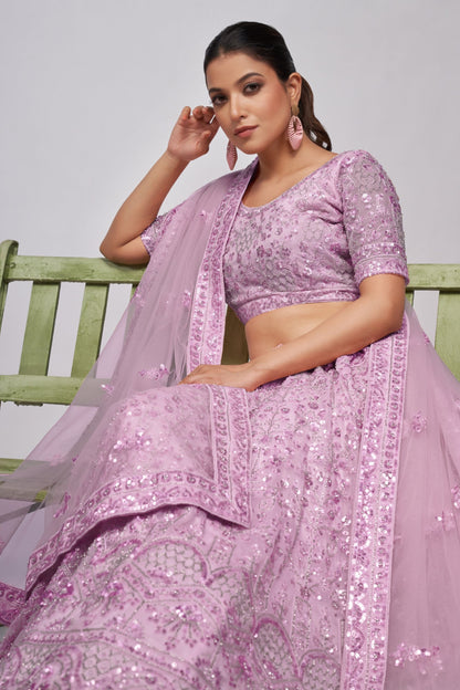 Purple Soft Net Lehenga Choli For Indian Festivals & Weddings - Sequins Work, Bead Work