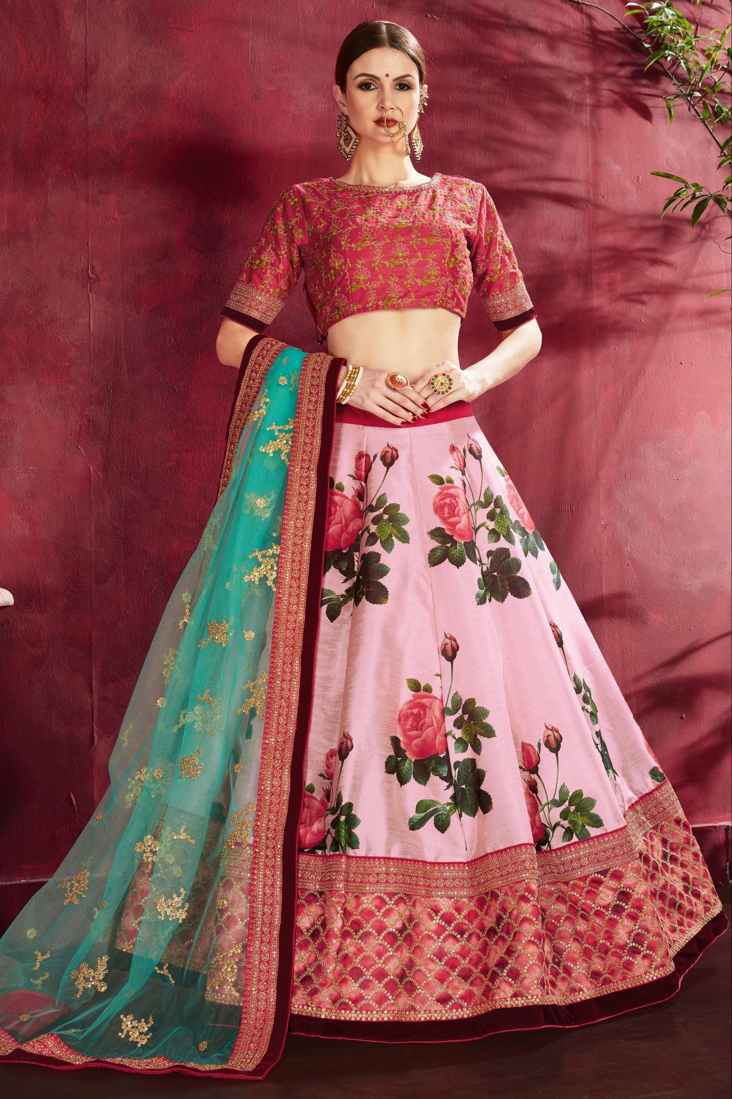 Rose Pink Banglori Silk Flower Lehenga Choli For Indian & Pakistani Wedding Festival - Sequins & Thread Embroidery Work, Dori Work, Zari Work, Print Work