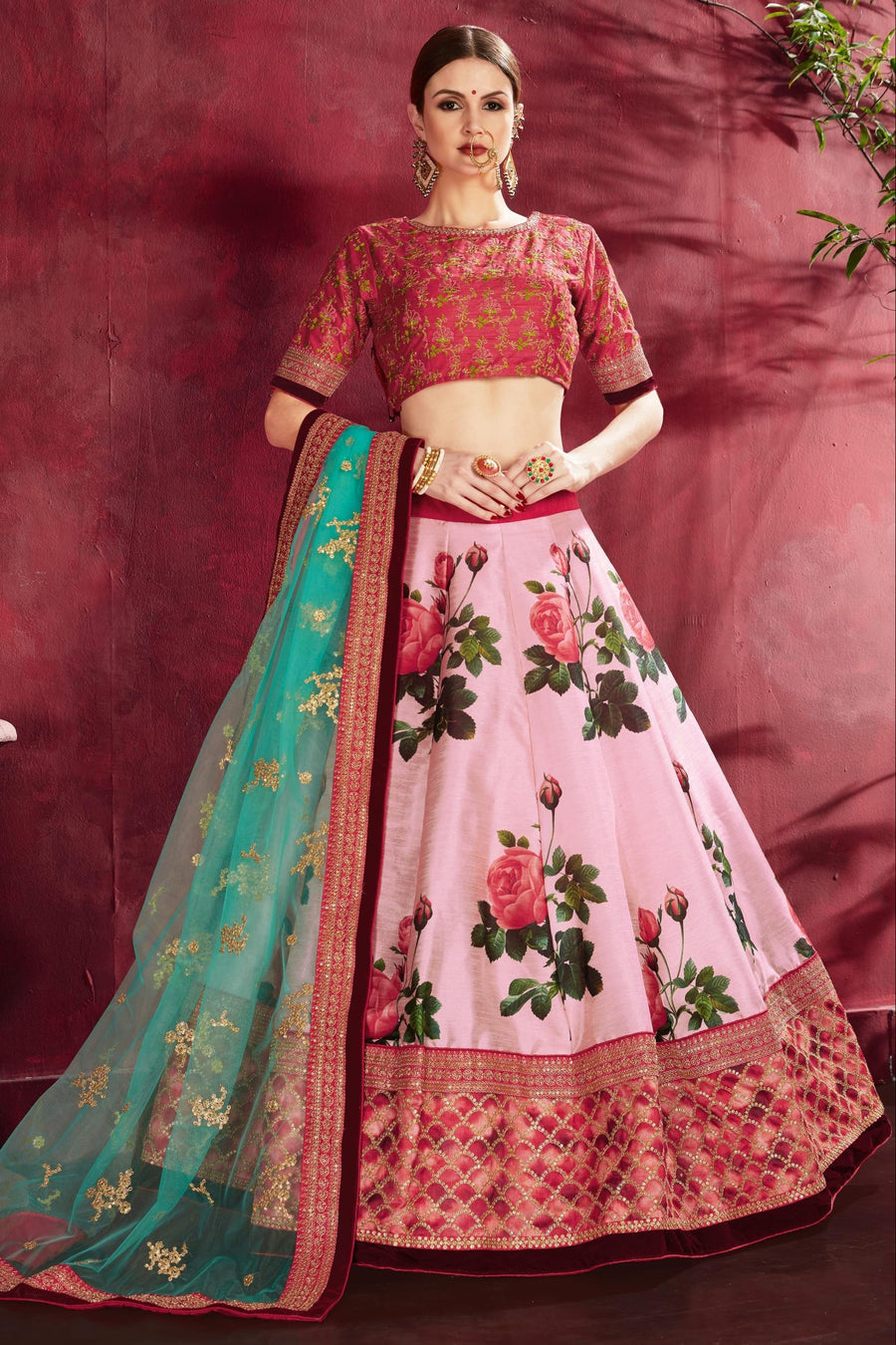 Rose Pink Banglori Silk Flower Lehenga Choli For Indian & Pakistani Wedding Festival - Sequins & Thread Embroidery Work, Dori Work, Zari Work, Print Work
