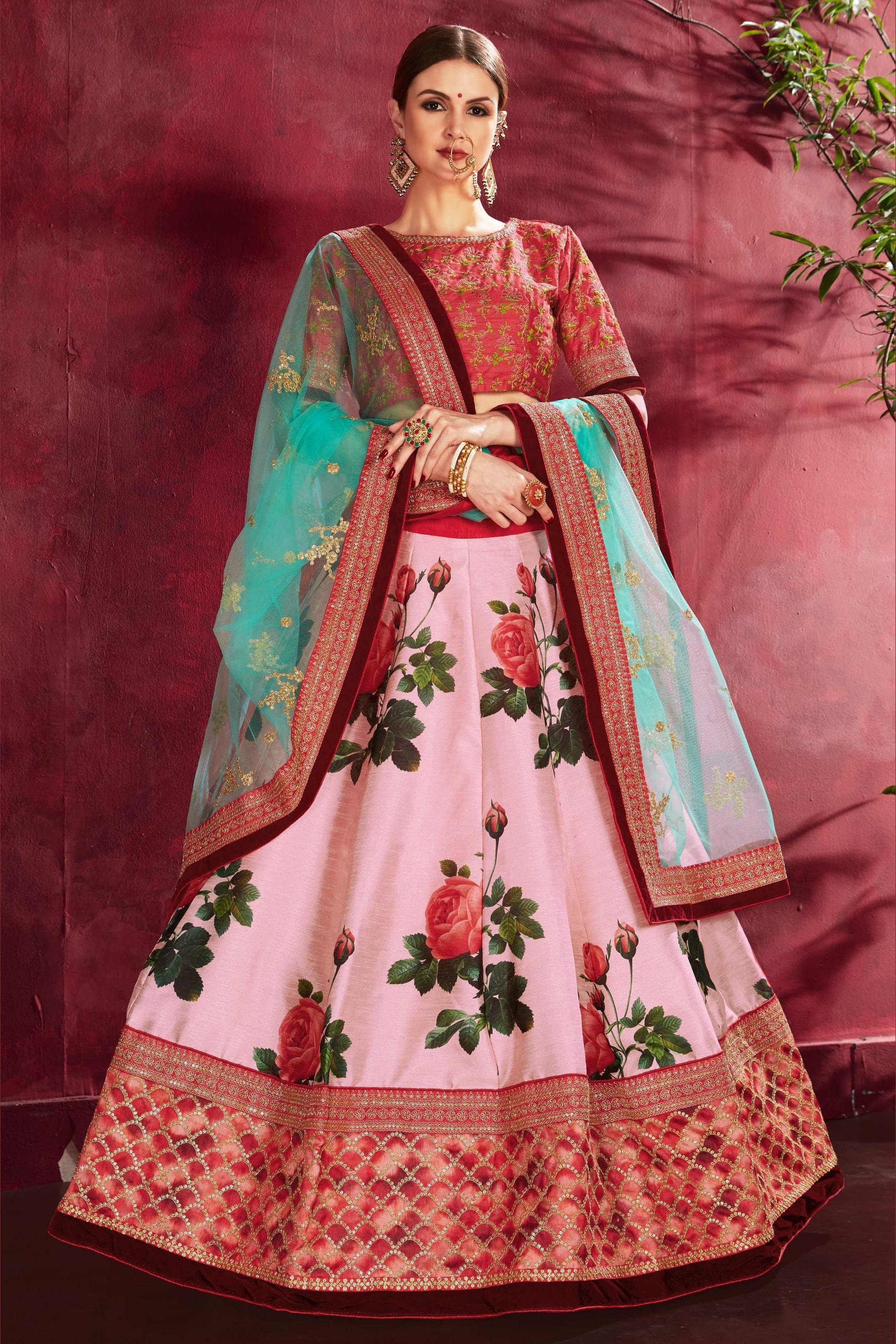 Rose Pink Banglori Silk Flower Lehenga Choli For Indian & Pakistani Wedding Festival - Sequins & Thread Embroidery Work, Dori Work, Zari Work, Print Work