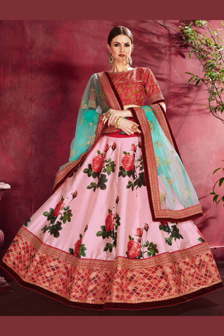 Rose Pink Banglori Silk Flower Lehenga Choli For Indian & Pakistani Wedding Festival - Sequins & Thread Embroidery Work, Dori Work, Zari Work, Print Work