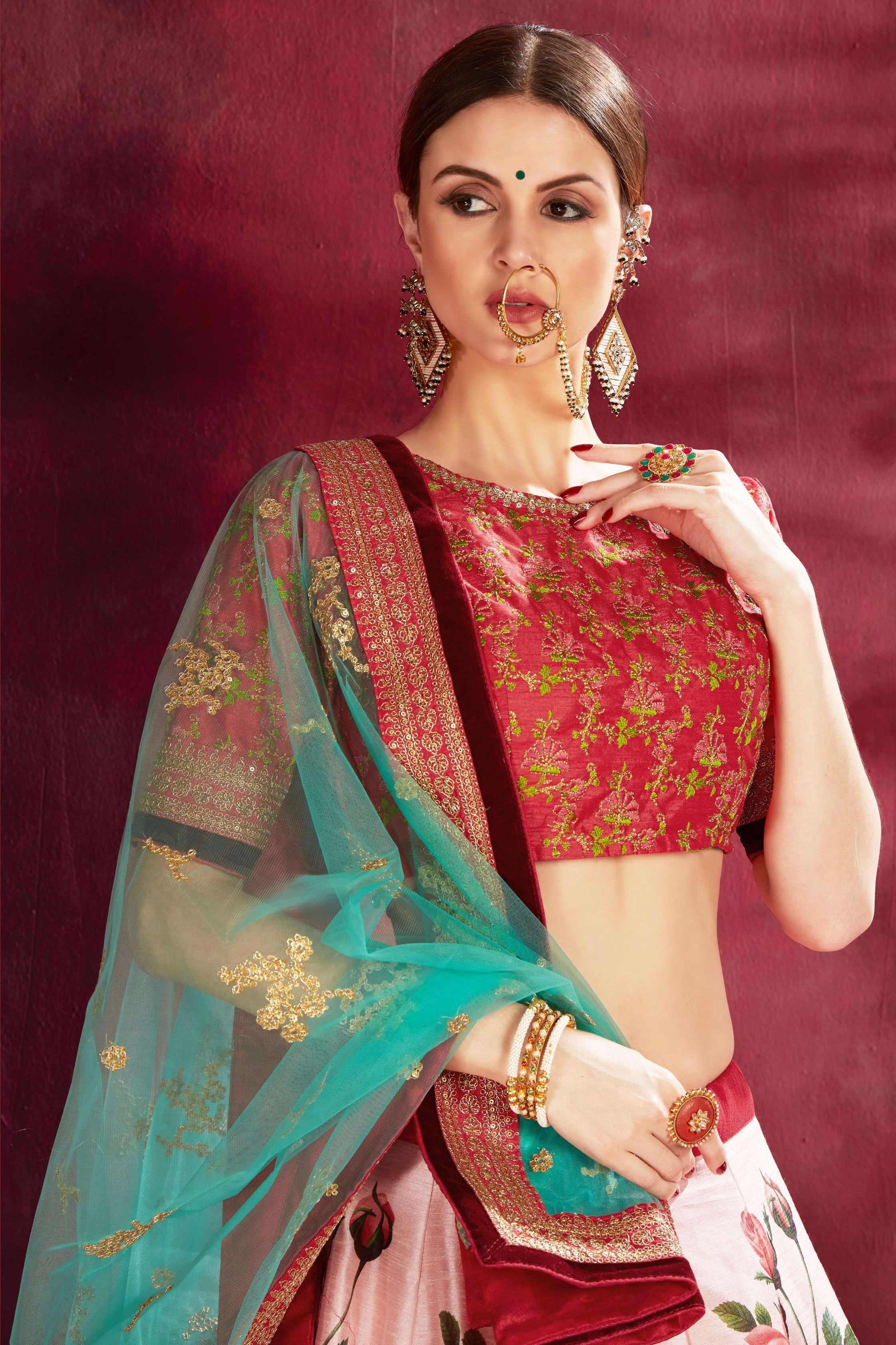 Rose Pink Banglori Silk Flower Lehenga Choli For Indian & Pakistani Wedding Festival - Sequins & Thread Embroidery Work, Dori Work, Zari Work, Print Work