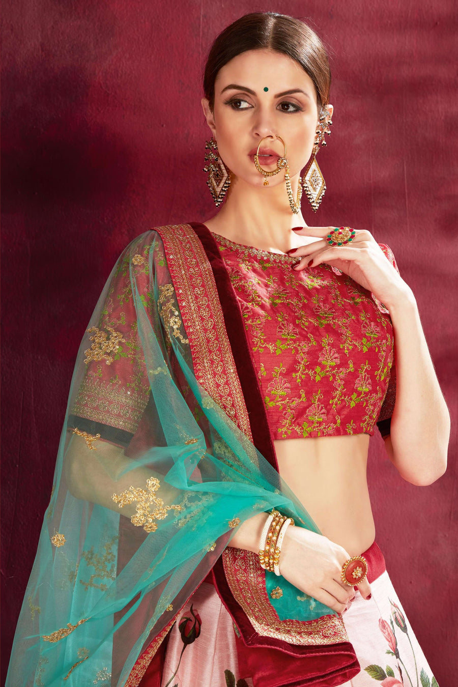 Rose Pink Banglori Silk Flower Lehenga Choli For Indian & Pakistani Wedding Festival - Sequins & Thread Embroidery Work, Dori Work, Zari Work, Print Work