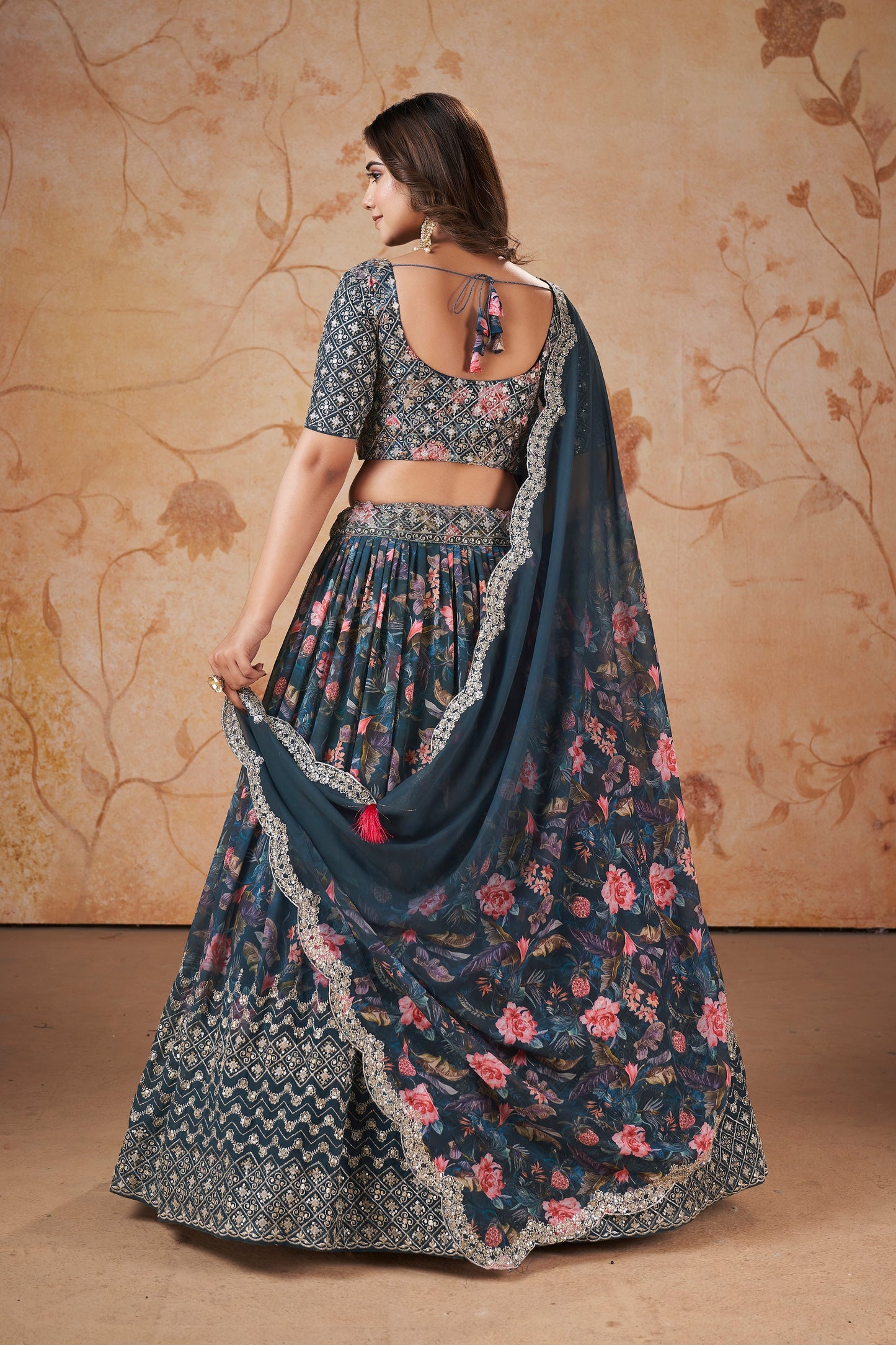 Blue Georgette Floral Printed Lehenga Choli 4 Meter Flair For Indian Festivals & Weddings - Sequence Embroidery Work, Zari Work, Print Work