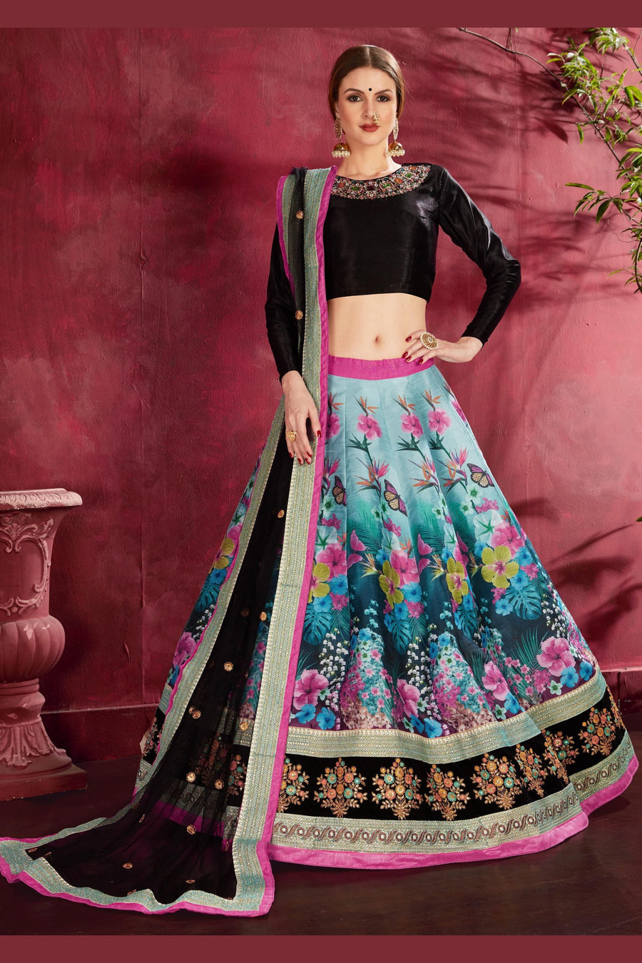 Multicolor Banglori Silk Flower Lehenga Choli For Indian & Pakistani Wedding Festival - Sequins & Thread Embroidery Work, Dori Work, Zari Work, Print Work