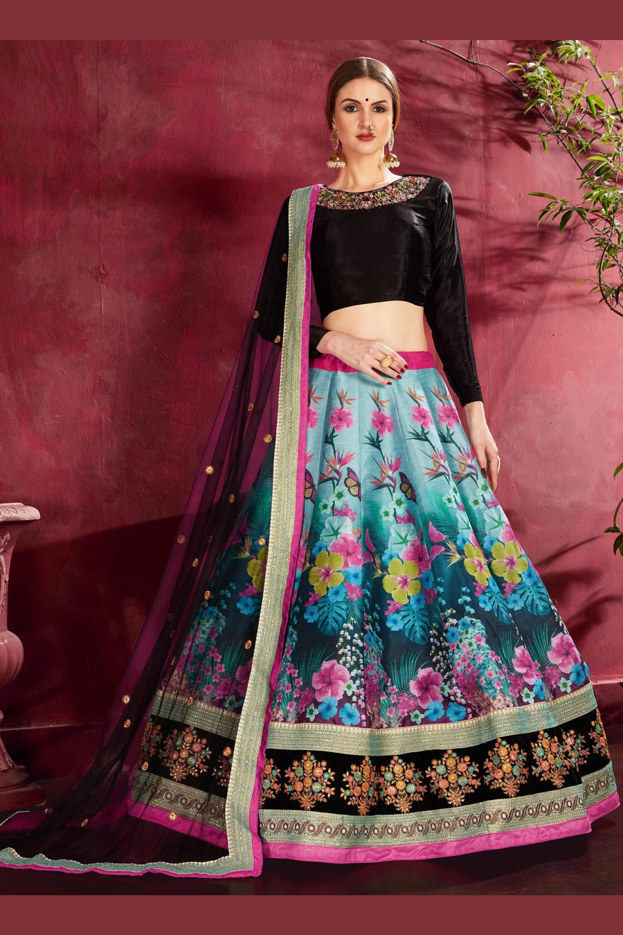 Multicolor Banglori Silk Flower Lehenga Choli For Indian & Pakistani Wedding Festival - Sequins & Thread Embroidery Work, Dori Work, Zari Work, Print Work