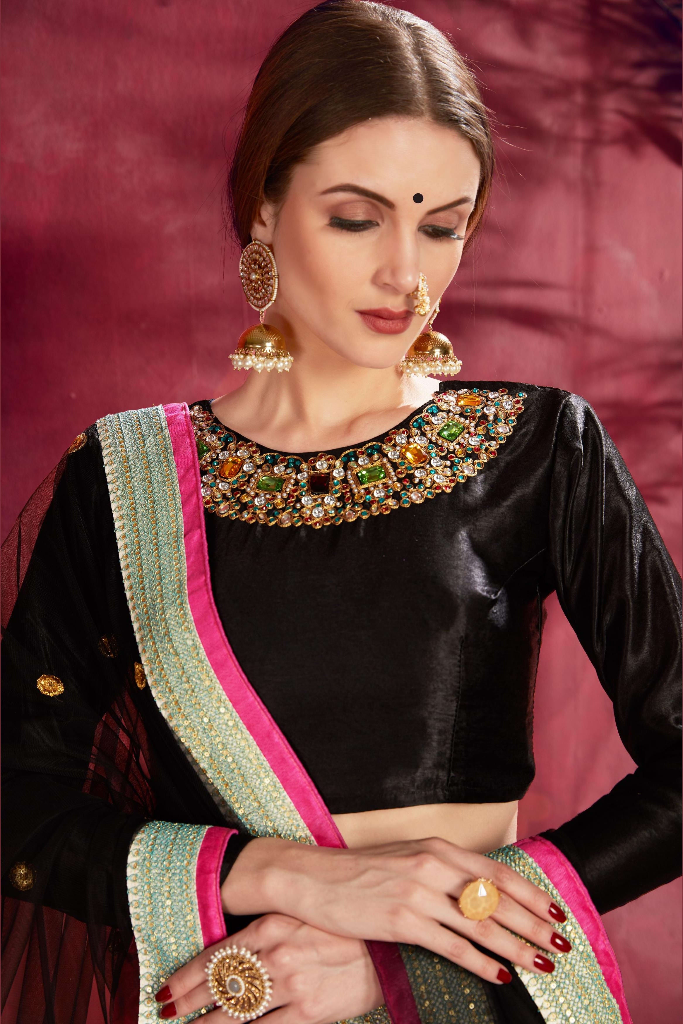 Multicolor Banglori Silk Flower Lehenga Choli For Indian & Pakistani Wedding Festival - Sequins & Thread Embroidery Work, Dori Work, Zari Work, Print Work