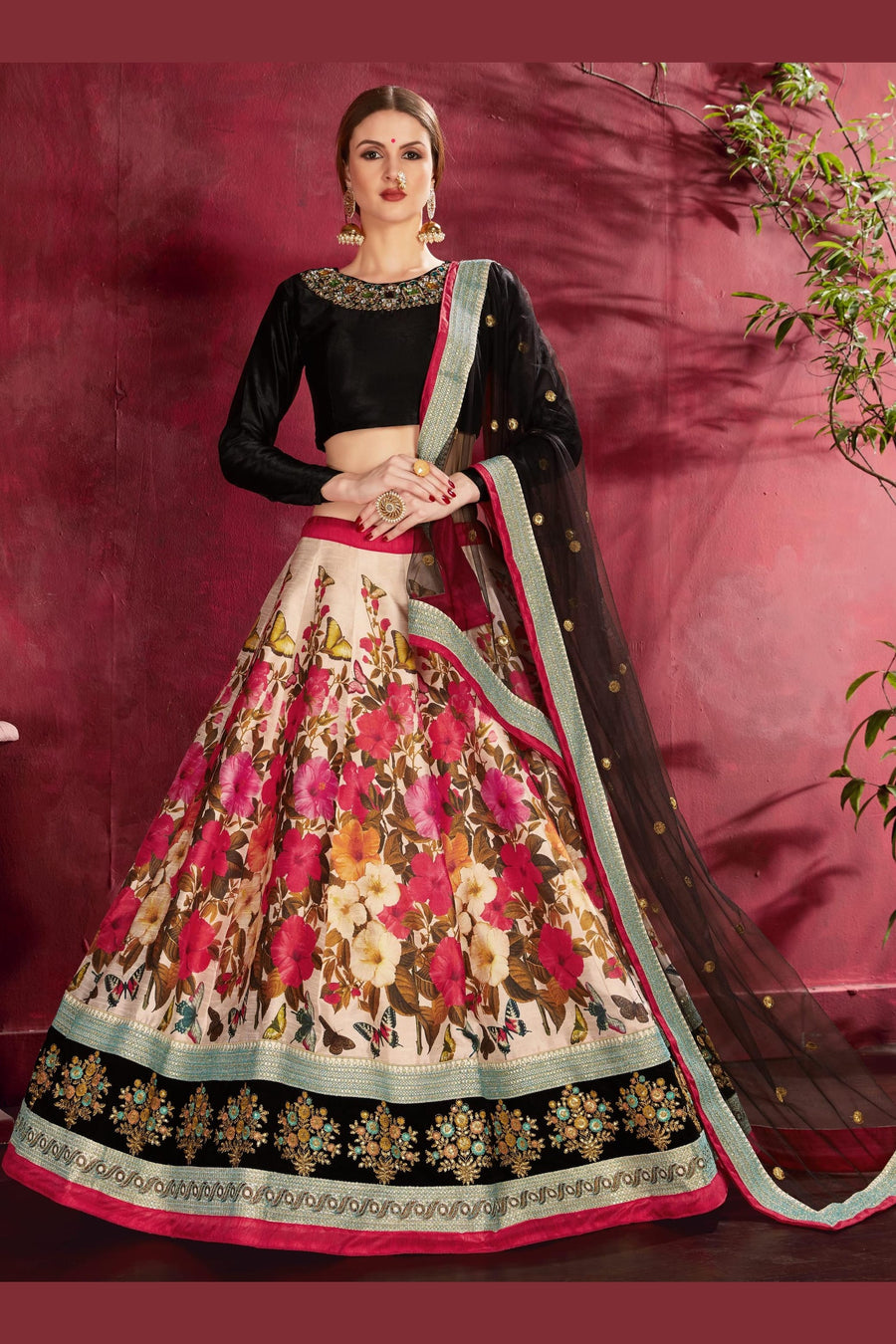 Multicolor Banglori Silk Flower Lehenga Choli For Indian & Pakistani Wedding Festival - Sequins & Thread Embroidery Work, Dori Work, Zari Work, Print Work