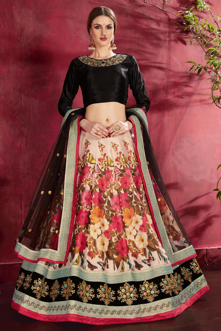 Multicolor Banglori Silk Flower Lehenga Choli For Indian & Pakistani Wedding Festival - Sequins & Thread Embroidery Work, Dori Work, Zari Work, Print Work