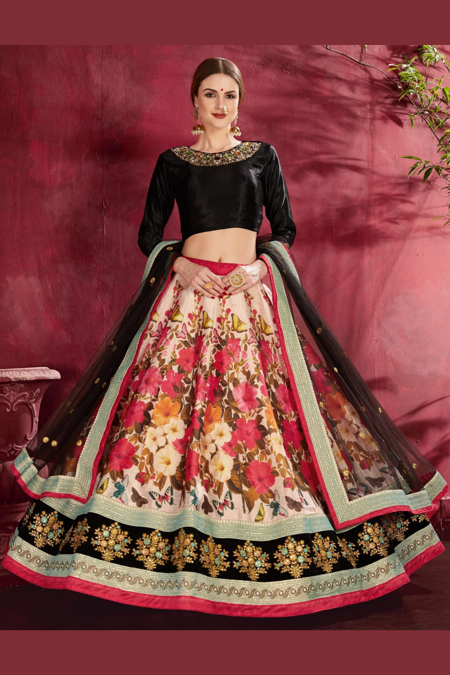 Multicolor Banglori Silk Flower Lehenga Choli For Indian & Pakistani Wedding Festival - Sequins & Thread Embroidery Work, Dori Work, Zari Work, Print Work