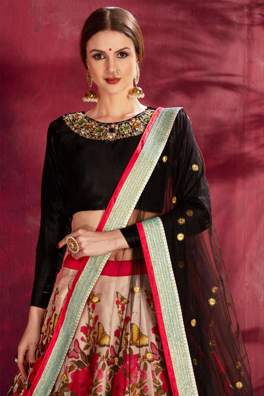 Multicolor Banglori Silk Flower Lehenga Choli For Indian & Pakistani Wedding Festival - Sequins & Thread Embroidery Work, Dori Work, Zari Work, Print Work