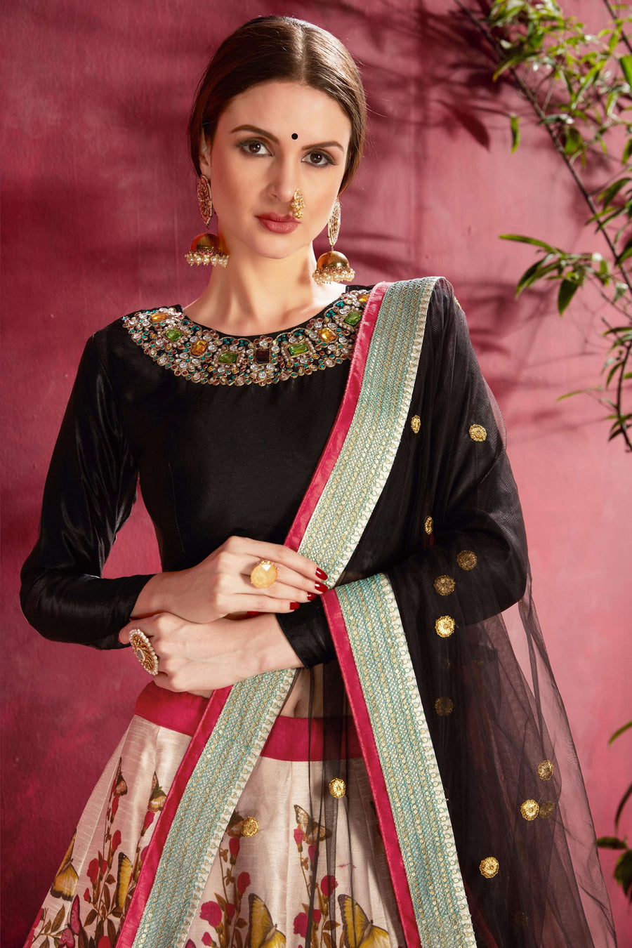 Multicolor Banglori Silk Flower Lehenga Choli For Indian & Pakistani Wedding Festival - Sequins & Thread Embroidery Work, Dori Work, Zari Work, Print Work