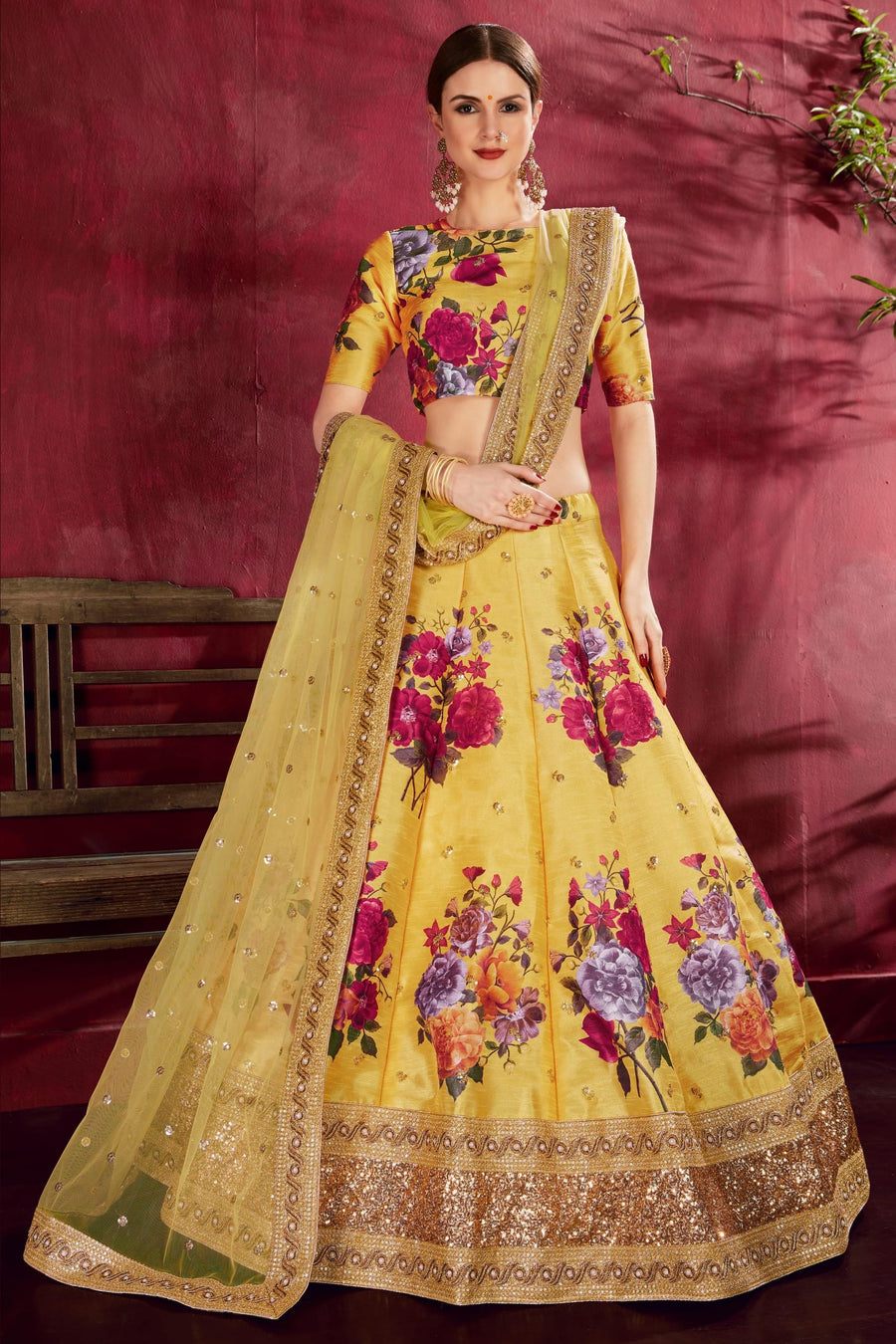 Yellow Banglori Silk Flower Lehenga Choli For Indian & Pakistani Wedding Festival - Sequins & Thread Embroidery Work, Dori Work, Zari Work, Print Work