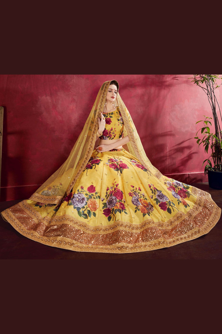 Yellow Banglori Silk Flower Lehenga Choli For Indian & Pakistani Wedding Festival - Sequins & Thread Embroidery Work, Dori Work, Zari Work, Print Work