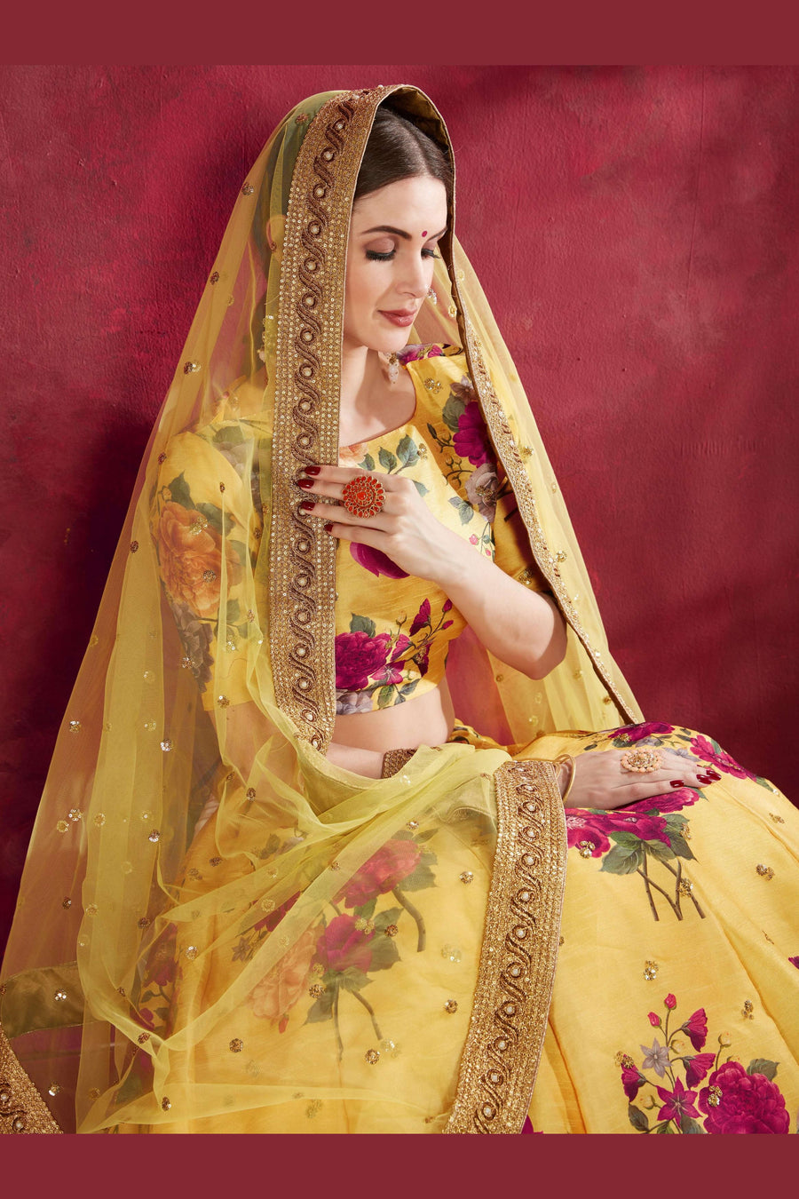 Yellow Banglori Silk Flower Lehenga Choli For Indian & Pakistani Wedding Festival - Sequins & Thread Embroidery Work, Dori Work, Zari Work, Print Work