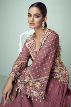 Pink Chinon Silk Kameez With Skirt For Indian & Pakistani Wedding Festival - Thread Embroidery Work, Real Mirror Work, Dori Work