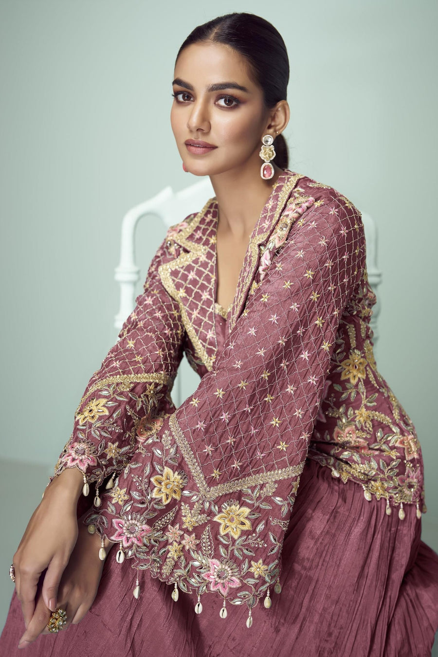 Pink Chinon Silk Kameez With Skirt For Indian & Pakistani Wedding Festival - Thread Embroidery Work, Real Mirror Work, Dori Work