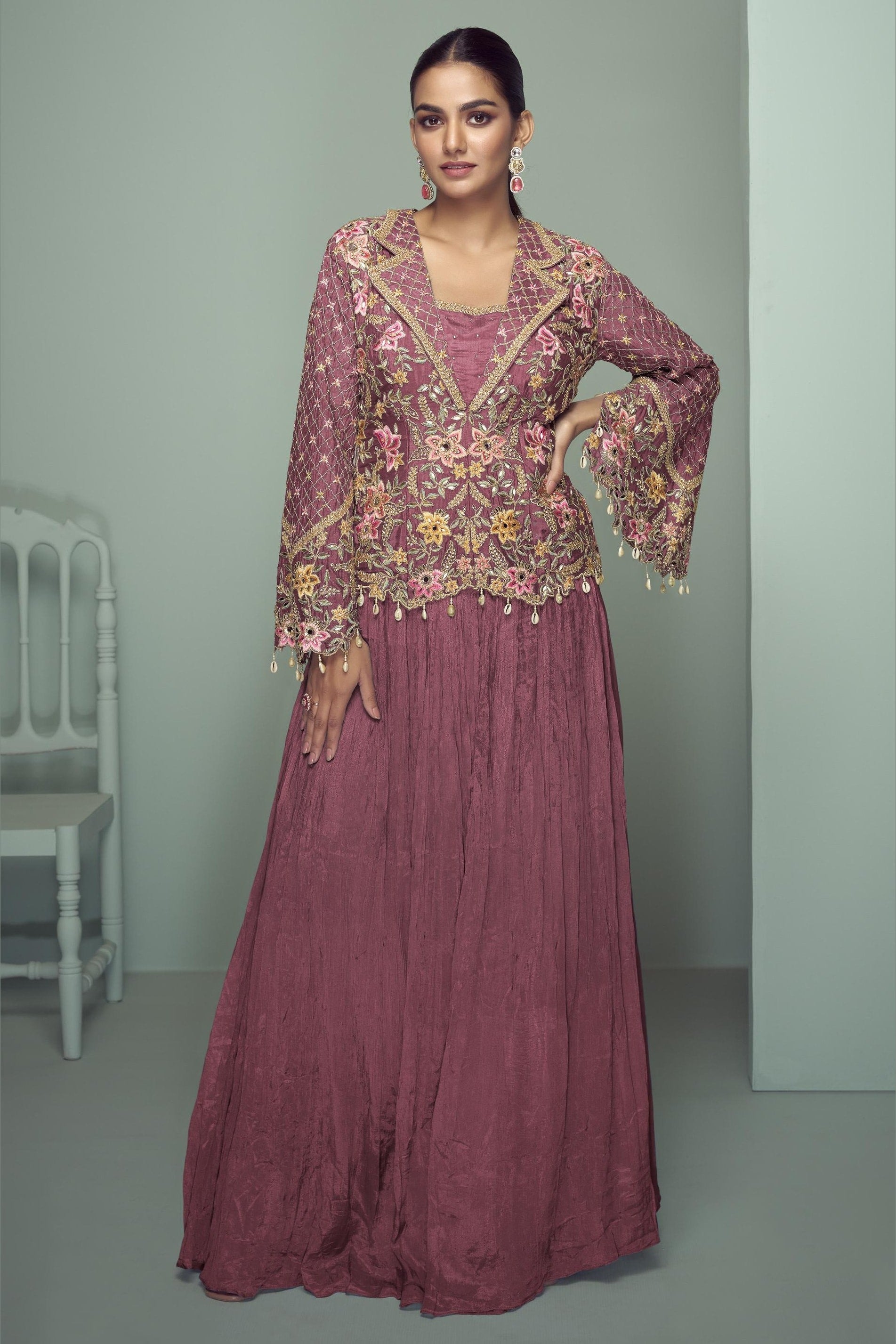 Pink Chinon Silk Kameez With Skirt For Indian & Pakistani Wedding Festival - Thread Embroidery Work, Real Mirror Work, Dori Work