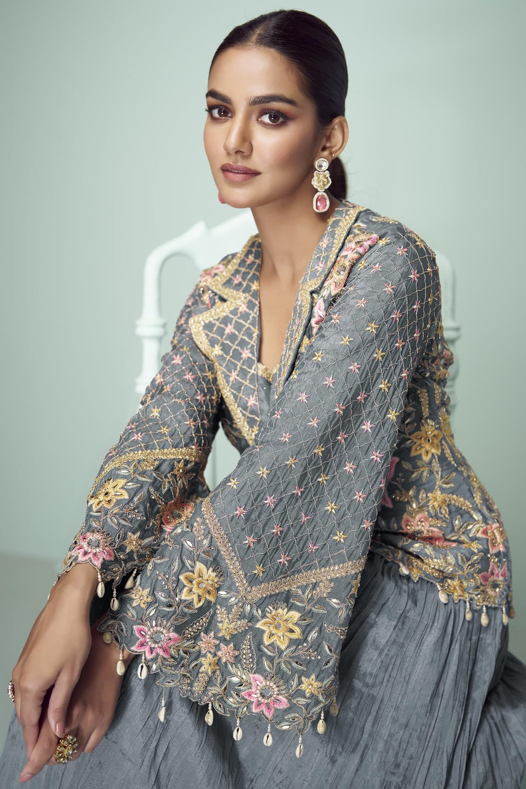 Grey Chinon Silk Kameez With Skirt For Indian & Pakistani Wedding Festival - Thread Embroidery Work, Real Mirror Work, Dori Work