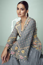 Grey Chinon Silk Kameez With Skirt For Indian & Pakistani Wedding Festival - Thread Embroidery Work, Real Mirror Work, Dori Work