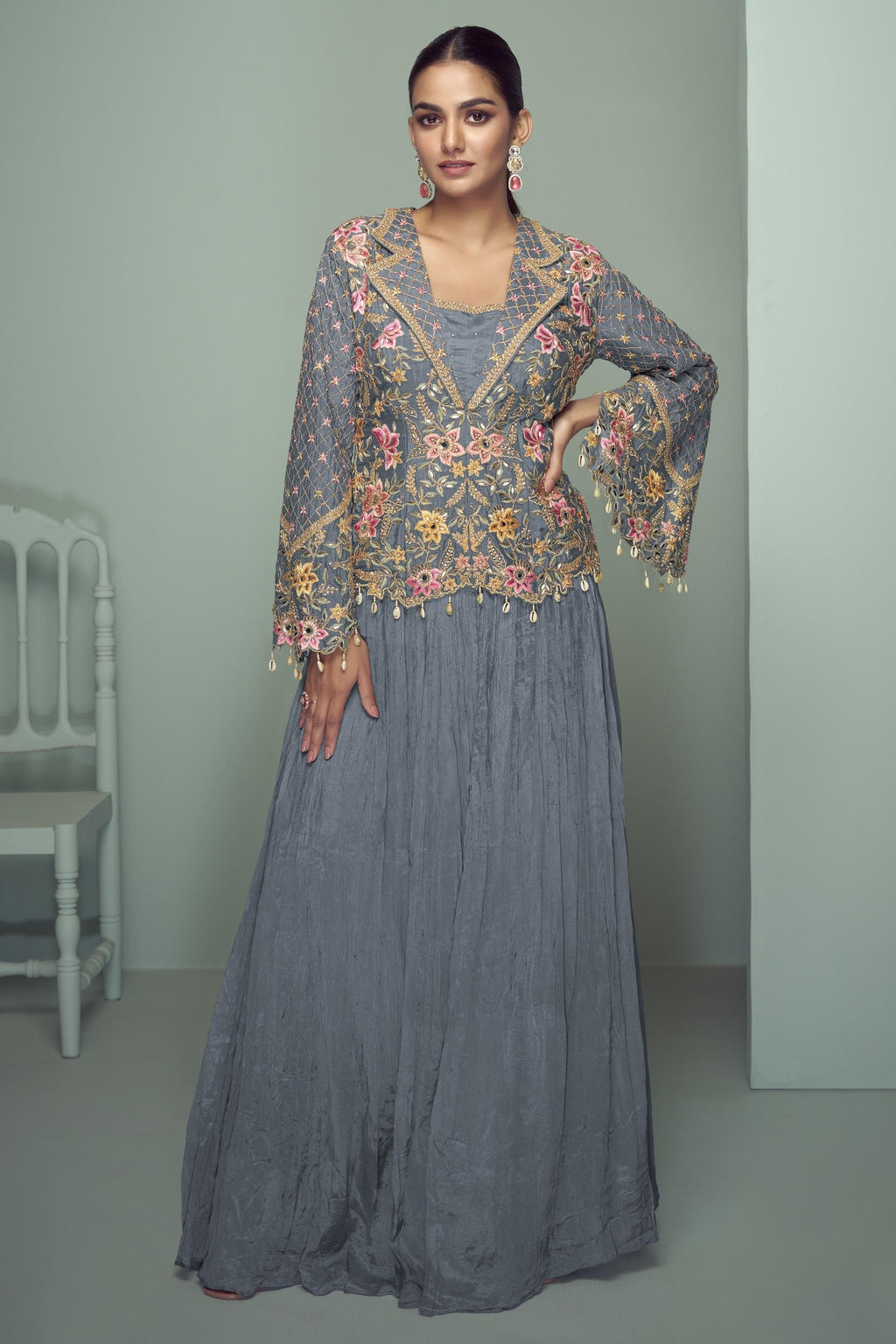 Grey Chinon Silk Kameez With Skirt For Indian & Pakistani Wedding Festival - Thread Embroidery Work, Real Mirror Work, Dori Work
